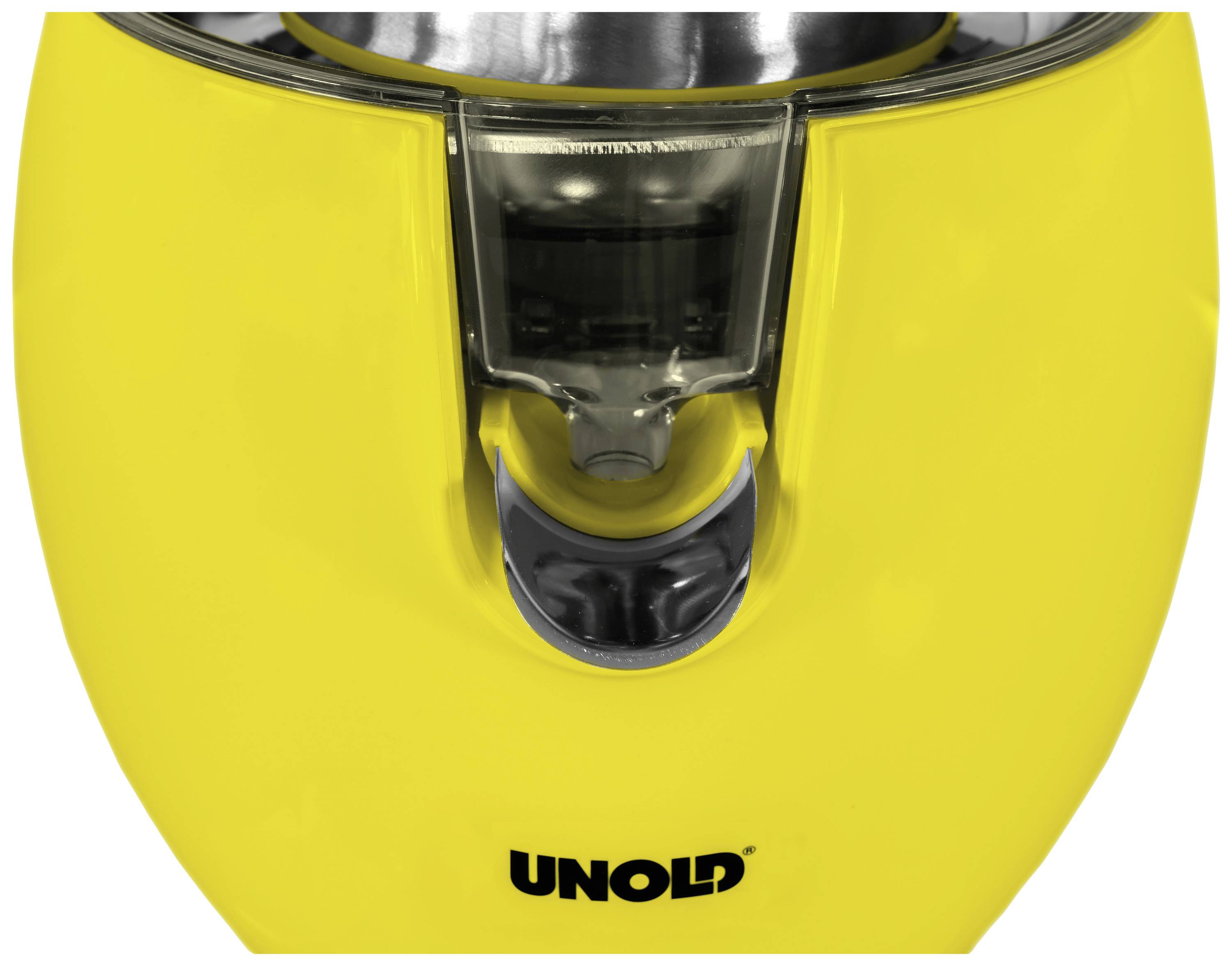 Gelbe Eismaschine mit "Unold"-Logo auf der Vorderseite, Ansichten von oben.