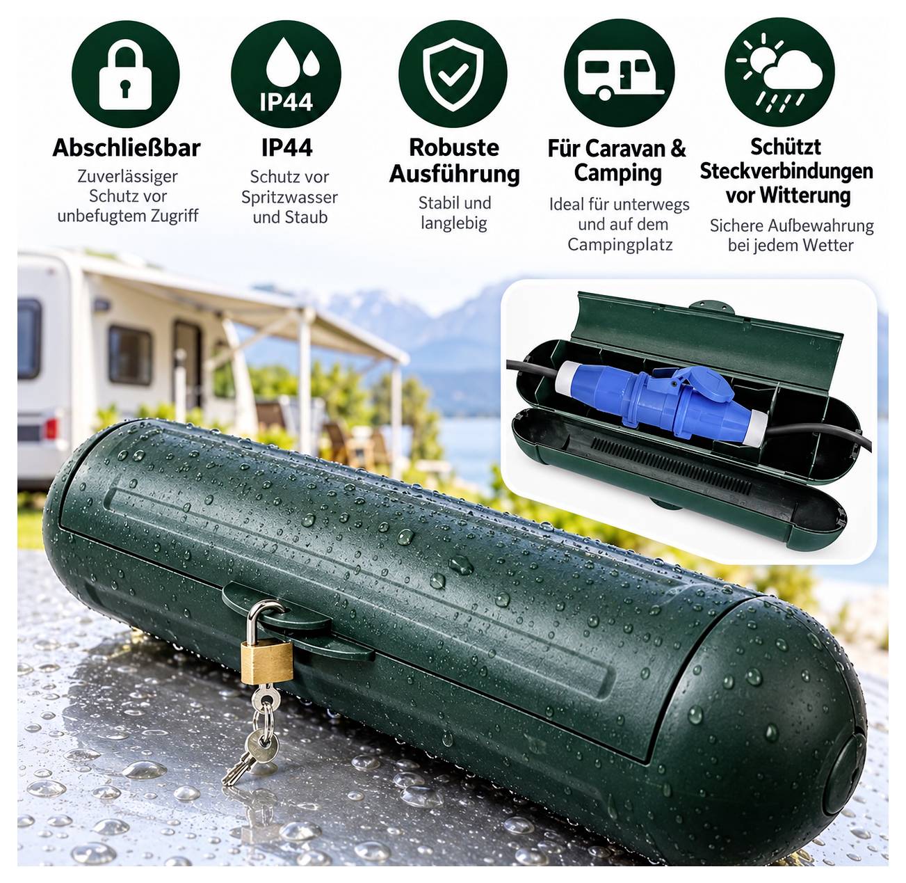 Grüne abschließbare Schutzhülle für Caravan- und Camping-Stecker, IP44, robust und wetterfest; schützt Stecker vor Wasser, Staub und unbefugtem Zugriff.