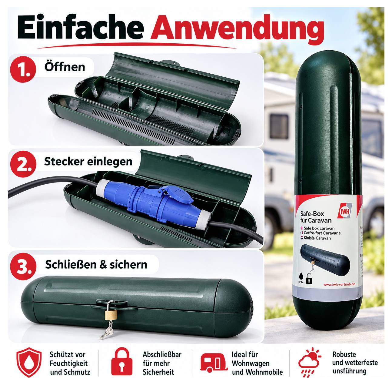 Infografik zur 'einfachen Anwendung' einer Safe-Box für Caravan: 1. öffnen, 2. Stecker einlegen, 3. schließen und abschließen; schützt vor Feuchtigkeit und Schmutz.<br>