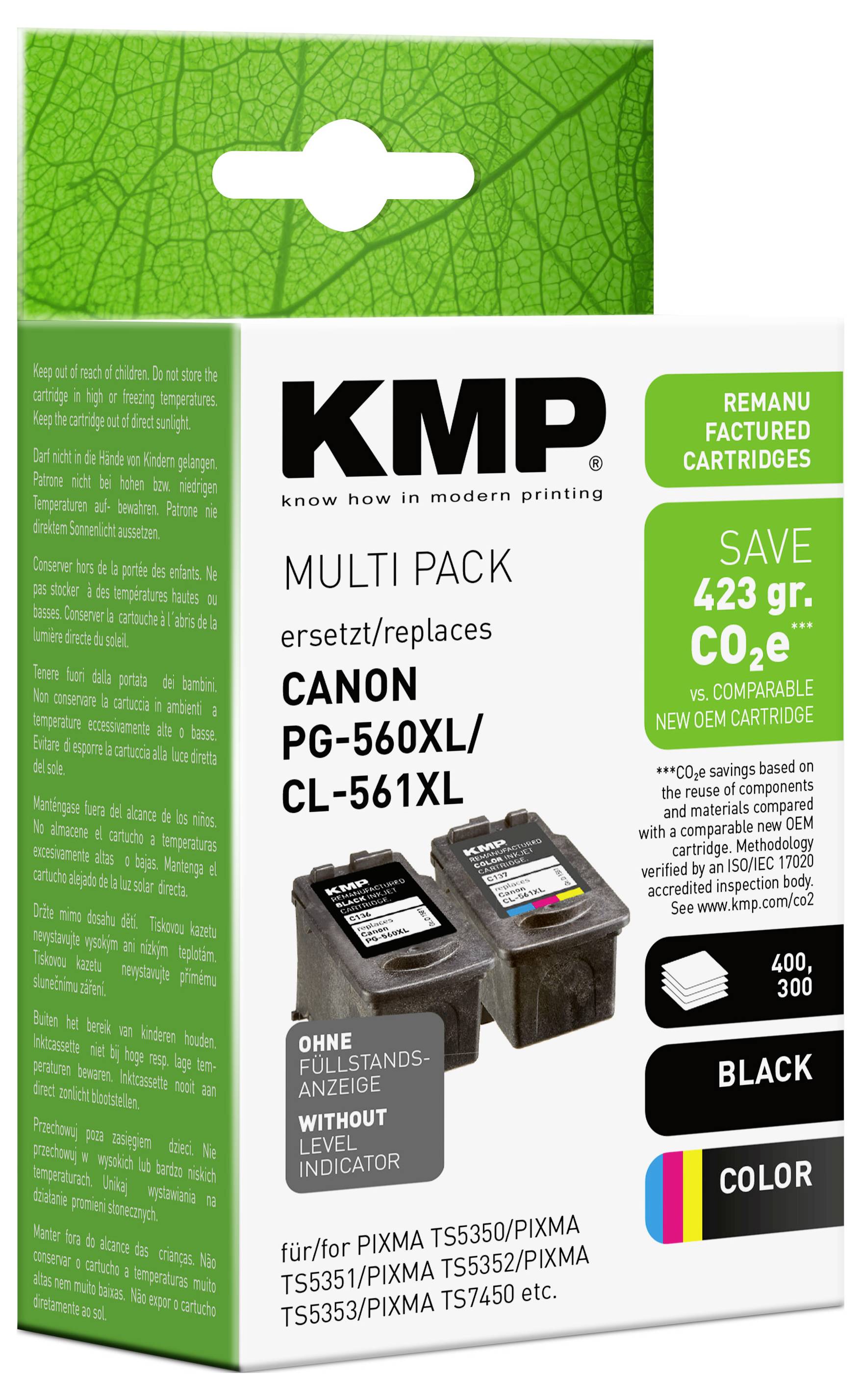 Karton mit KMP Multi-Pack Druckerpatronen für Canon PG-560XL/CL-561XL, schwarz und farbig, mit „423 g CO2e sparen" und Kompatibilitätsliste.