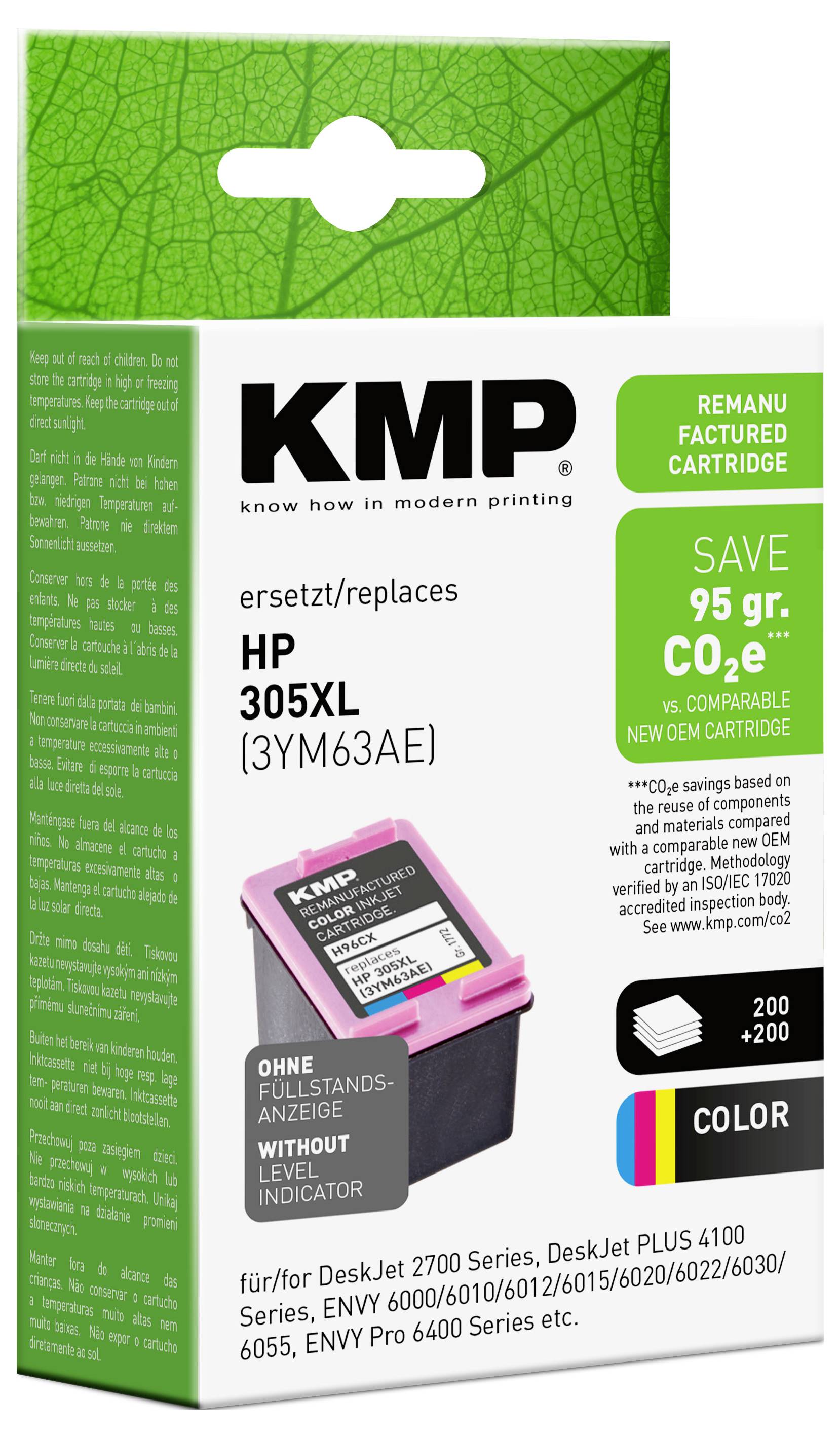 KMP wiederaufbereitete HP 305XL schwarze Tintenpatrone, Verpackung mit Kennzeichnung „95 g CO2e sparen" und „200+200 Farbe", für DeskJet- und ENVY-Drucker.