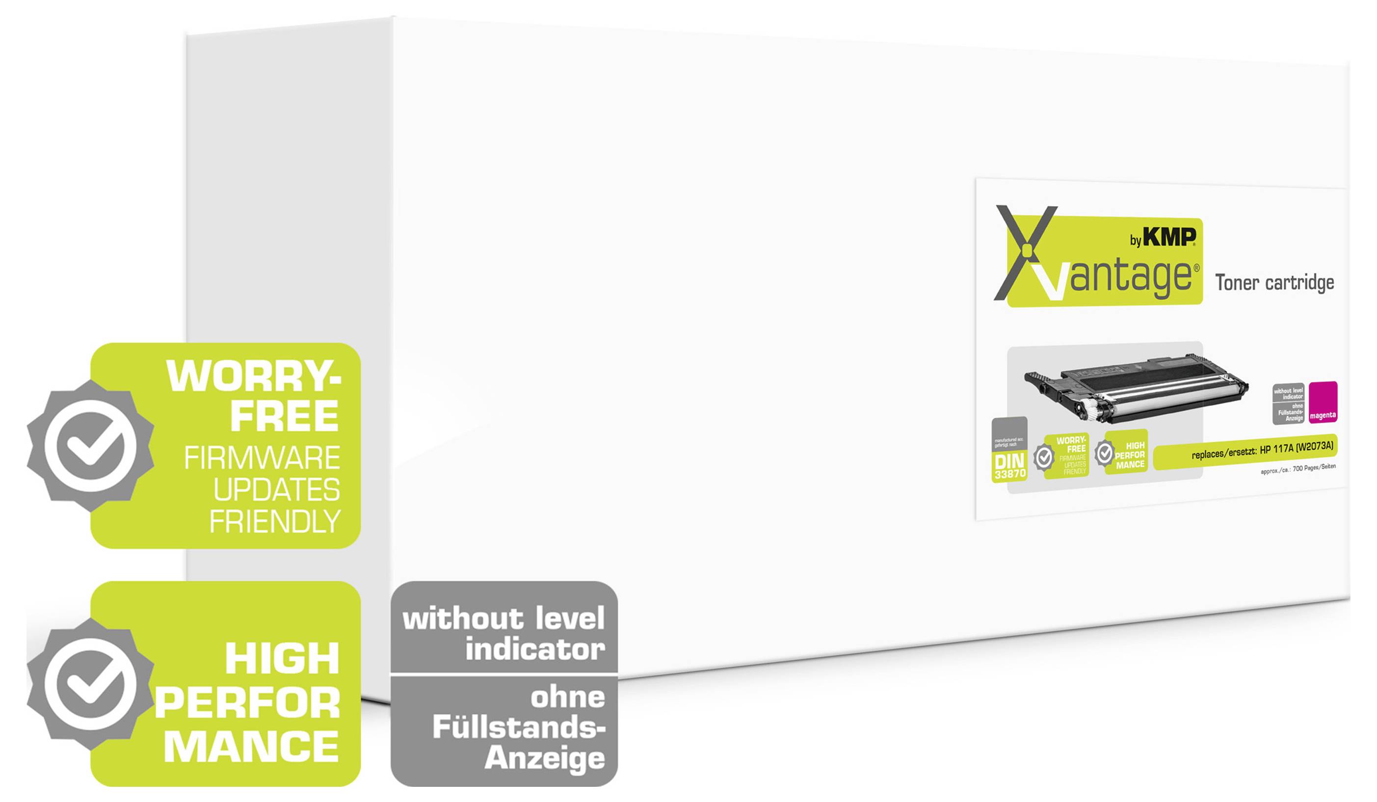 KMP Vantage Tonerkartusche mit Verpackung, gezeigt mit Abzeichen für „SORGLOSE FIRMWARE-UPDATES FREUNDLICH" und „HOHE LEISTUNG", sowie eine Notiz: „ohne Füllstands-Anzeige" / „without level indicator".