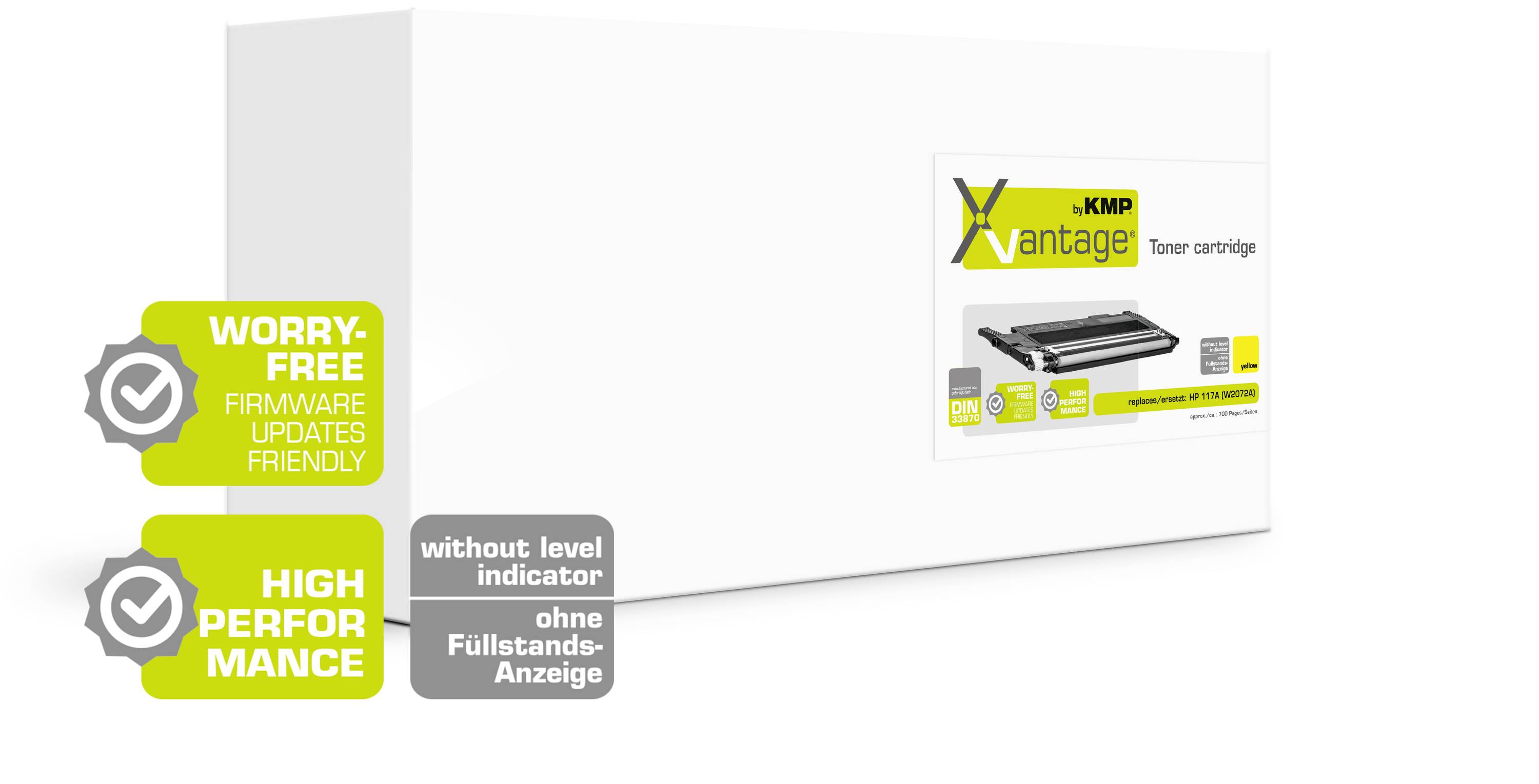 Weiße Verpackung mit 'vantage' Tonerkartusche. Enthält Symbole für 'Worry-free Firmware Updates' und 'High Performance'.