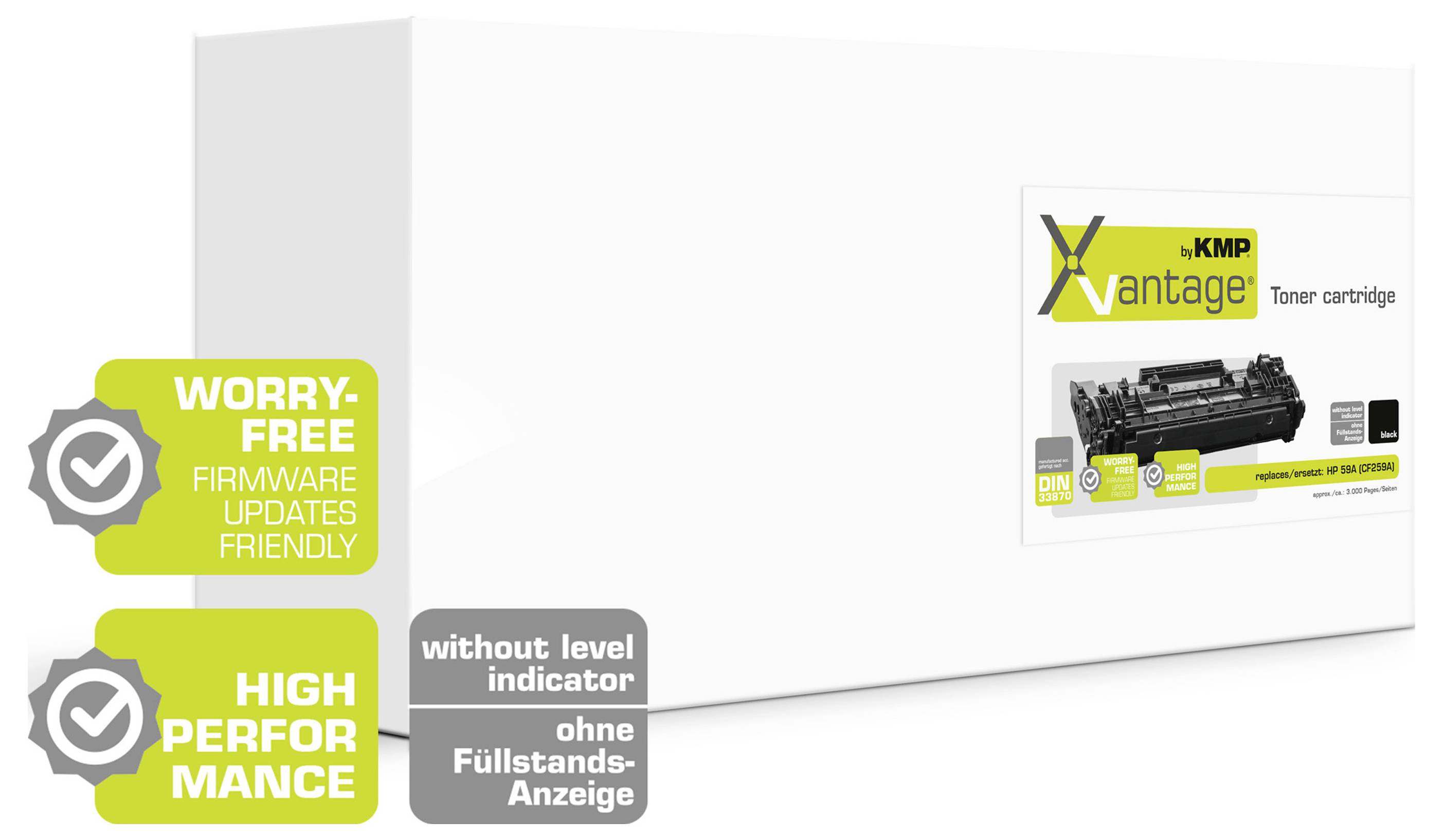Werbegrafik für KMP Vantage Tonerpatrone mit der Produktbox und Feature-Abzeichen: „sorgenfreie Firmware-Updates freundlich", „hohe Leistung" und „ohne Füllstandsanzeige".