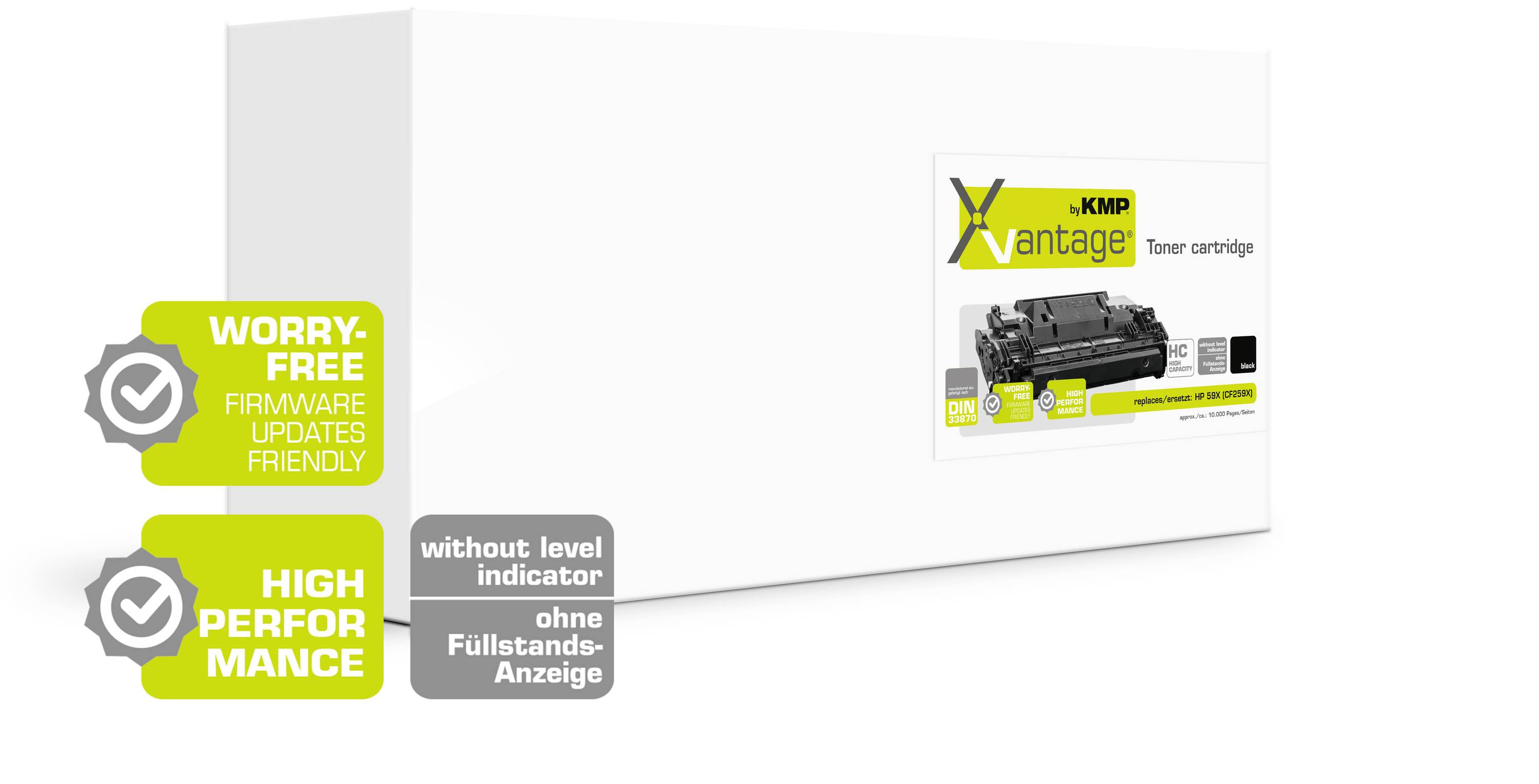 Weiße Verpackung von KMP Vantage Tonerkartusche mit schwarzem Toner. Aufschrift: 'Worry-free firmware updates friendly' und 'High performance'.