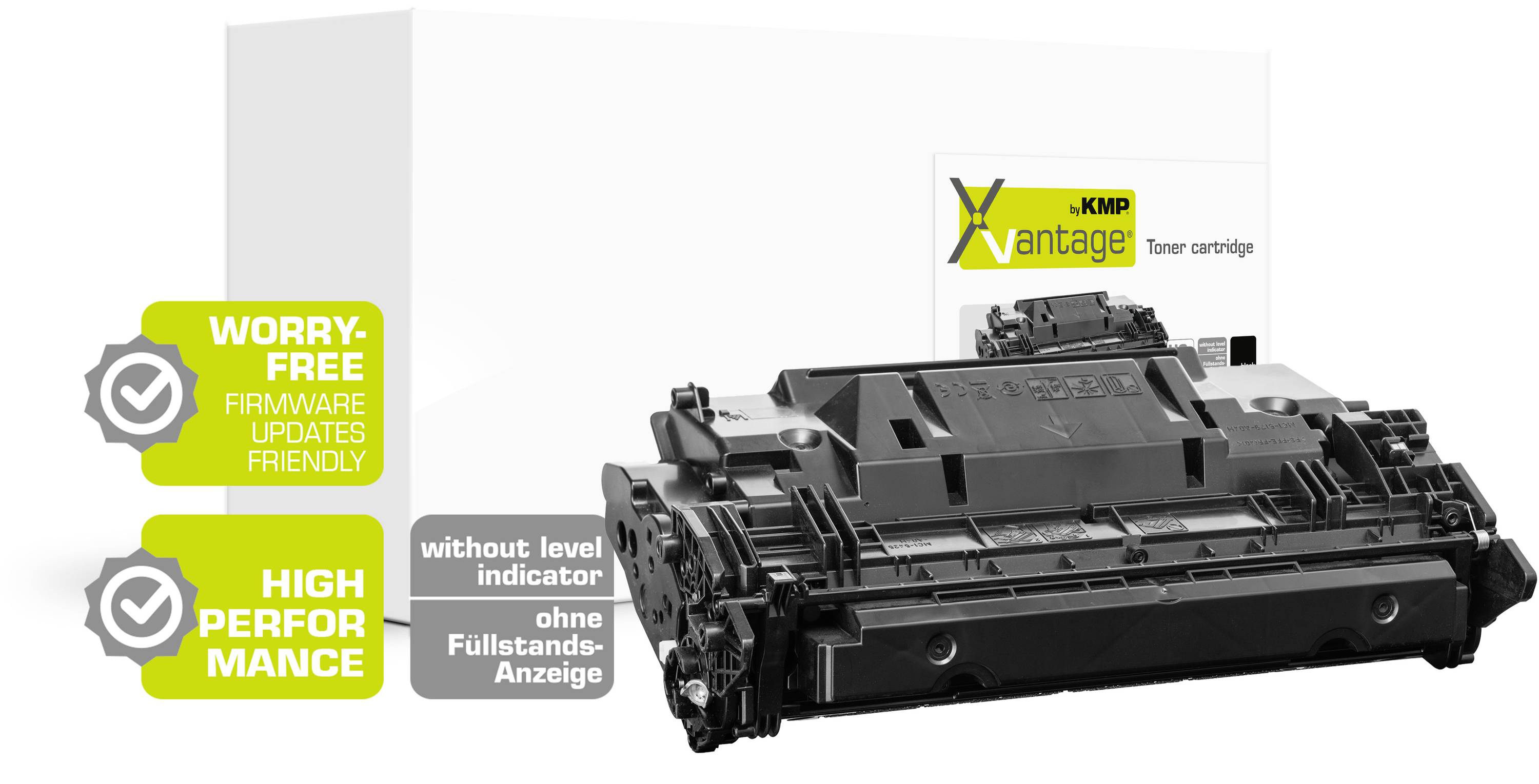 Schwarze Tonerkartusche vor weißer Verpackung mit Aufschrift 'Vantage KMP'. Symbole zeigen 'Firmware Updates' und 'High Performance' an.