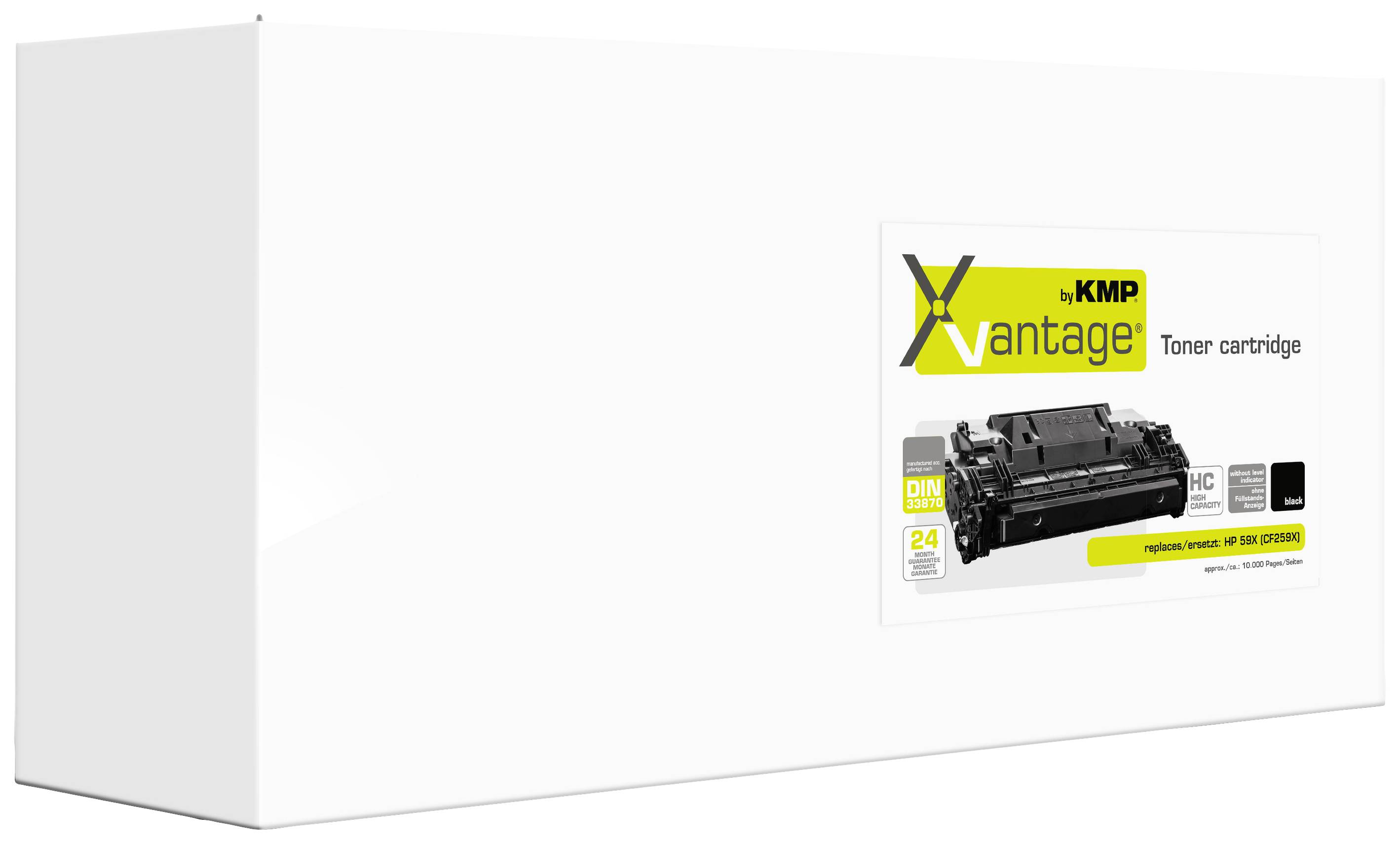 Eine weiße Verpackung mit einem Etikett, das einen Toner anzeigt. Aufschrift: 'KMP Vantage Toner cartridge', schwarzer Toner.