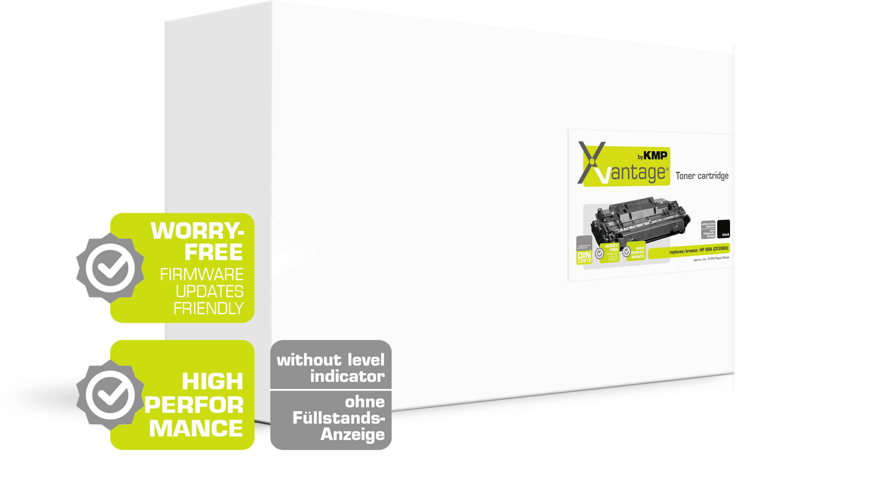 Eine weiße Verpackung mit gelben Akzenten enthält eine Tonerkartusche. Text: 'Worry-free', 'High Performance', 'ohne Füllstands-Anzeige'.