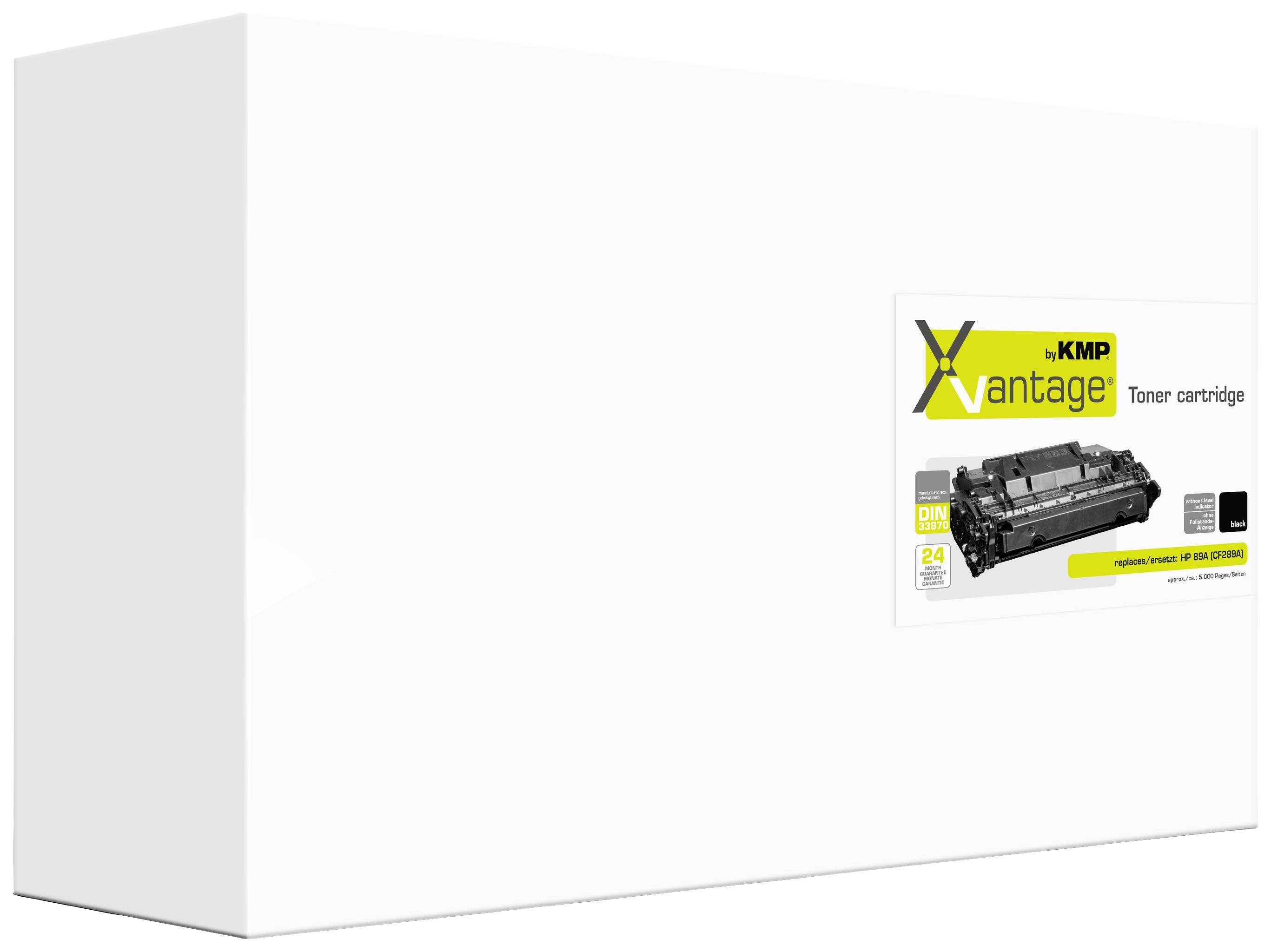Weiße Verpackung einer 'KMP Vantage' Tonerkartusche, abgebildet mit Kartusche und Label, markiert für 24 Monate Garantie.