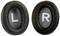 Kopfhörer-Ohrpolster mit eingeprägten Buchstaben 'L' für links und 'R' für rechts. Schwarze Farbe, oval geformt.