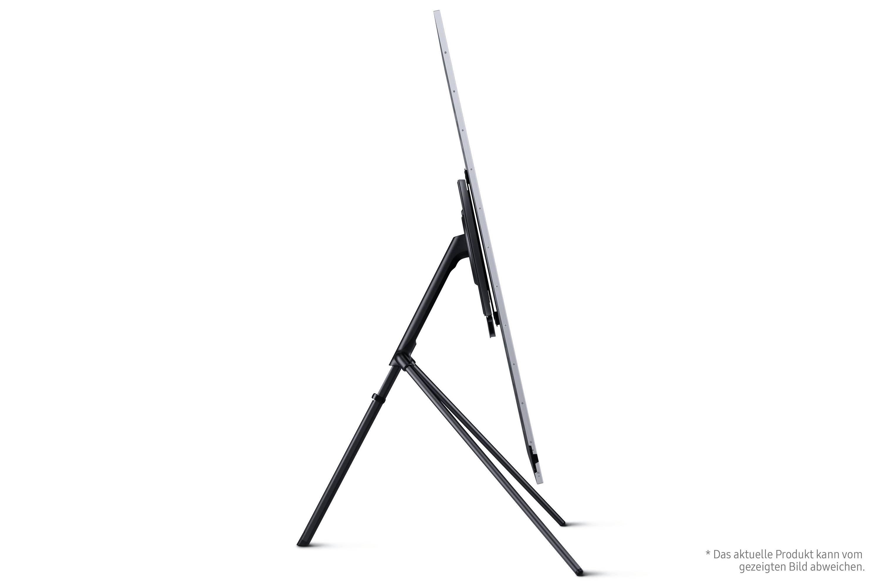 Seitliche Ansicht eines schlanken Monitors mit einem stabilen Standfuß. Bildschirm ist dünn und modern gestaltet.