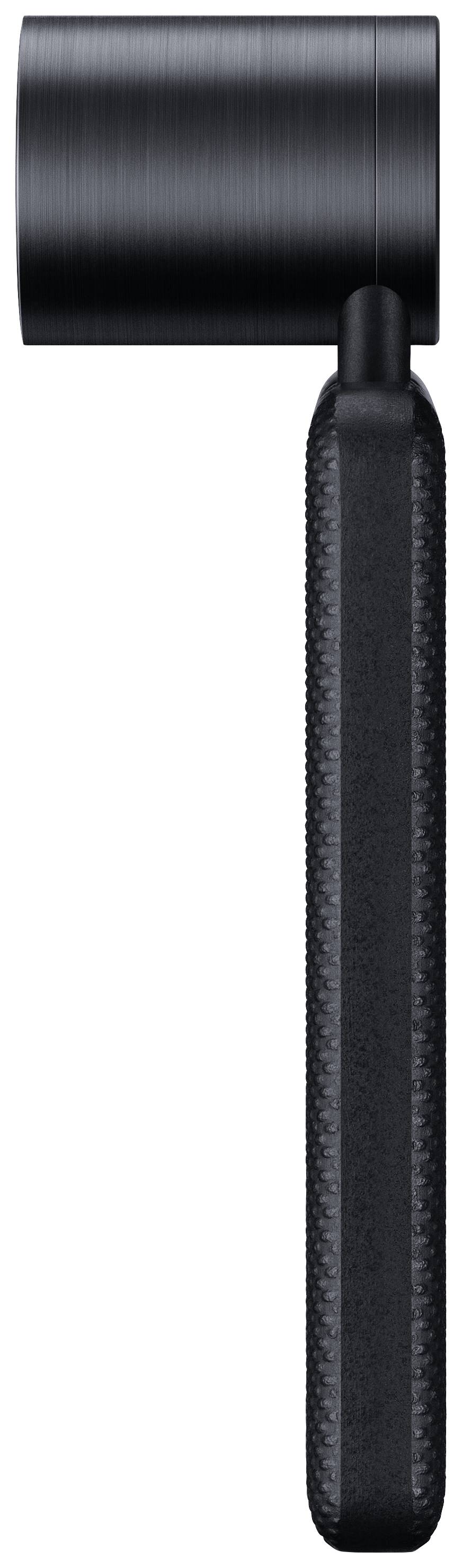 Ein schwarzer, moderner Wandhaken aus Metall, der senkrecht ausgerichtet ist. Er hat eine glatte, matte Oberfläche.