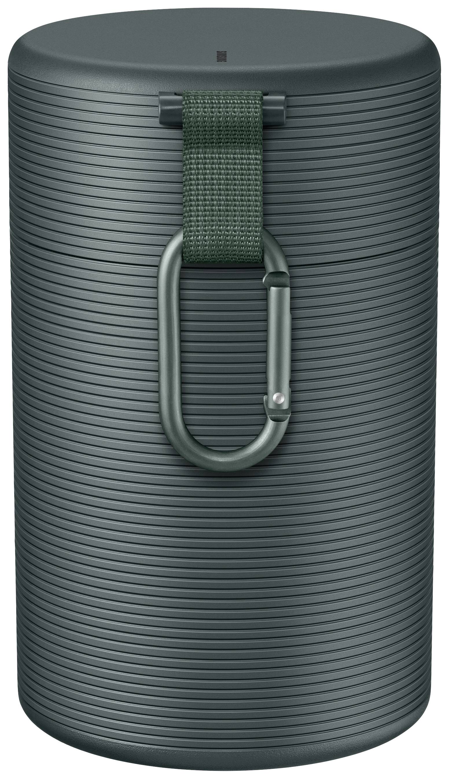 'Lautsprecher mit vertikalen Rillen, integriertem Haken und grünem Band zum Aufhängen. Zylinderförmiges Design in Dunkelgrün.'