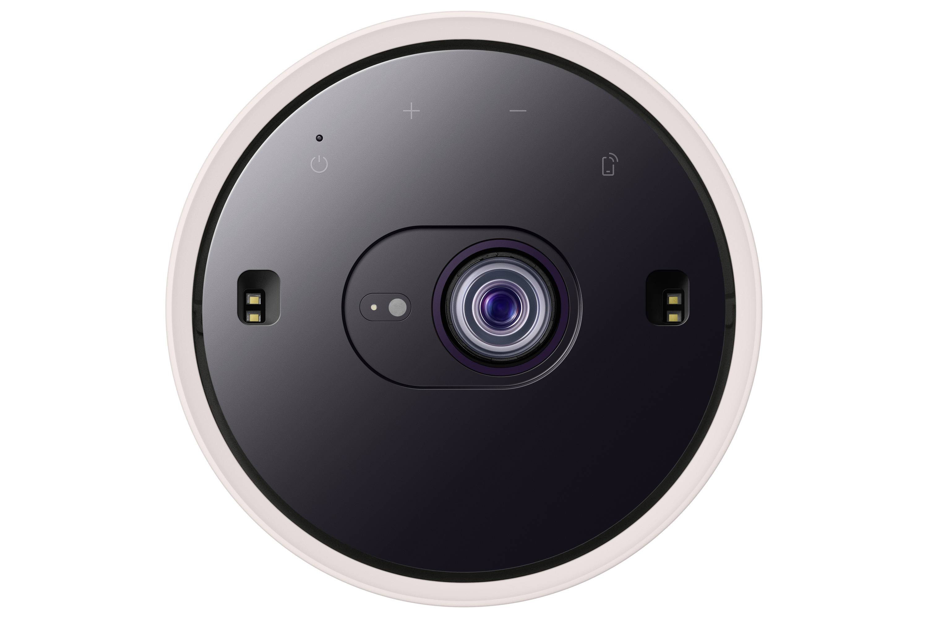 'Runder Smart Home-Sicherheitskamera mit Objektiv in der Mitte und zwei Sensoren auf dunklem Hintergrund.'