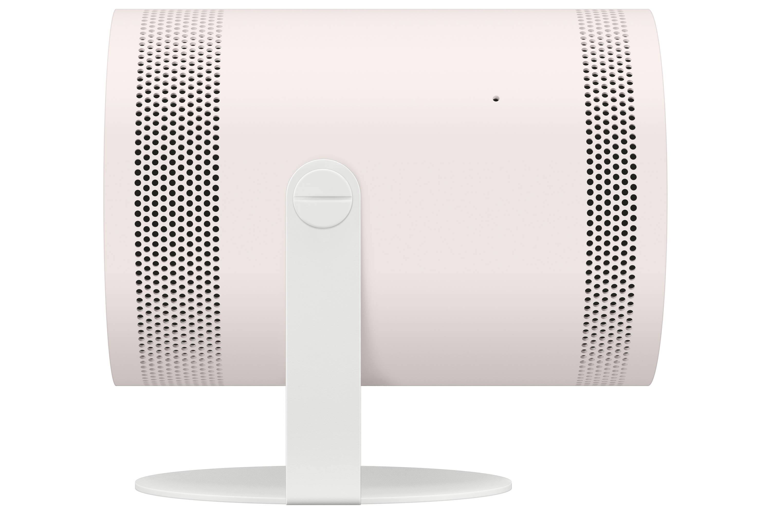 Ein rosafarbener zylindrischer Projektor mit weißem Standfuß, seitliche Ansicht. Entlüftungsöffnungen oben und unten, modernes Design.