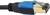Ein Ethernet-Kabel mit einem blauen Stecker und goldener Anschlusskappe.