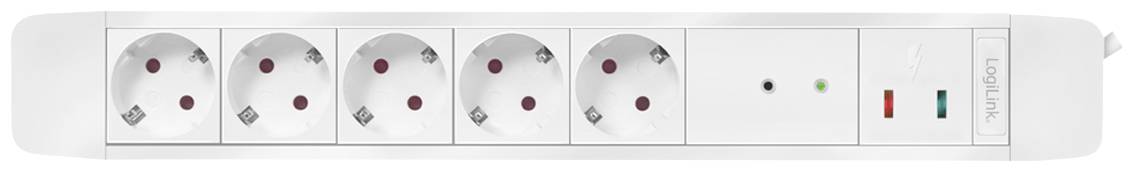 Mehrfachsteckdose mit fünf Steckplätzen, USB-Anschlüssen und beleuchtetem Schalter, auf weißem Hintergrund.