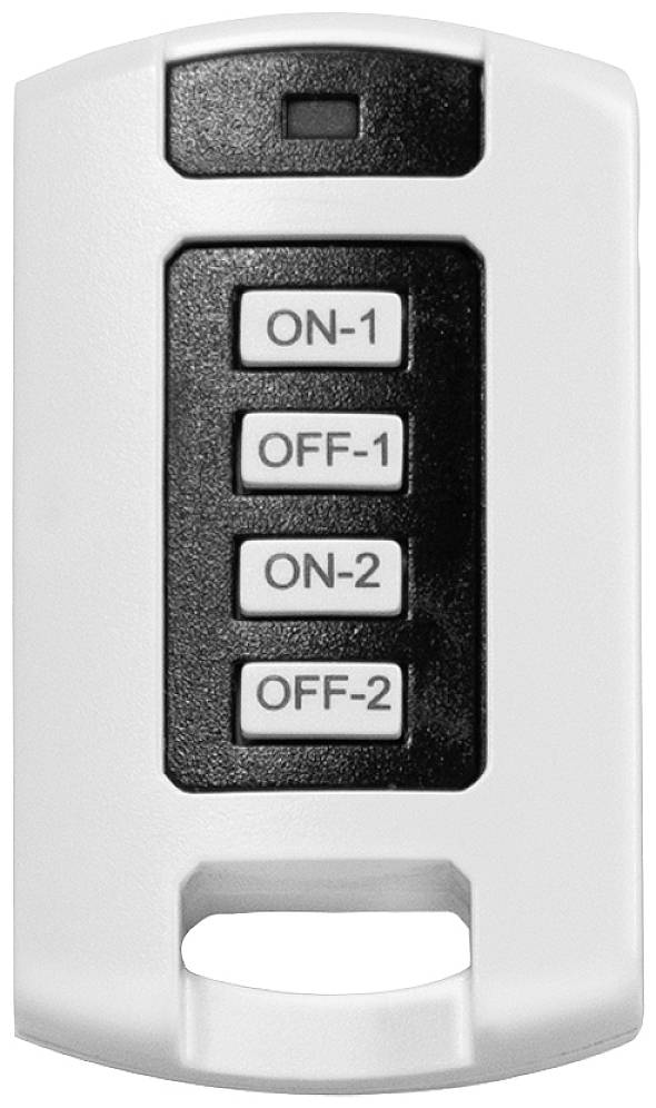 Fernbedienung mit vier Tasten, beschriftet 'ON-1', 'OFF-1', 'ON-2' und 'OFF-2'. Schwarz-weiße Farbschema.