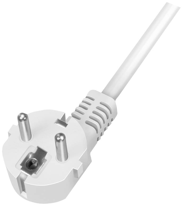 Ein weißer europäischer Stecker mit zwei runden Pins und einem Kabel. Geeignet für den Anschluss an eine Stromquelle.