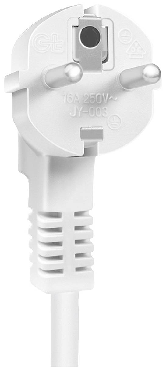 Ein weißer Schuko-Stecker mit zwei Metallstiften für 250V und 16A.