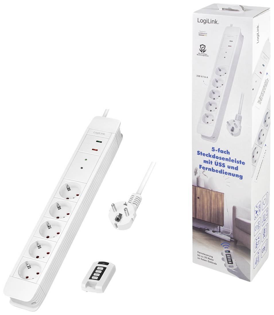 Sechsfache Steckdosenleiste mit USB-Anschlüssen und Fernbedienung. Verpackung zeigt Produktabbildung, Markenname und Funktion.