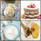 Eine Collage von vier Bildern: Ein frisch gebackenes Brot wird in einem Tuch gehalten, eine Erdbeertorte mit Sahne, steif geschlagener Eischnee in einer Schüssel, und zwei Eier im Mehl mit einem Holzlöffel.