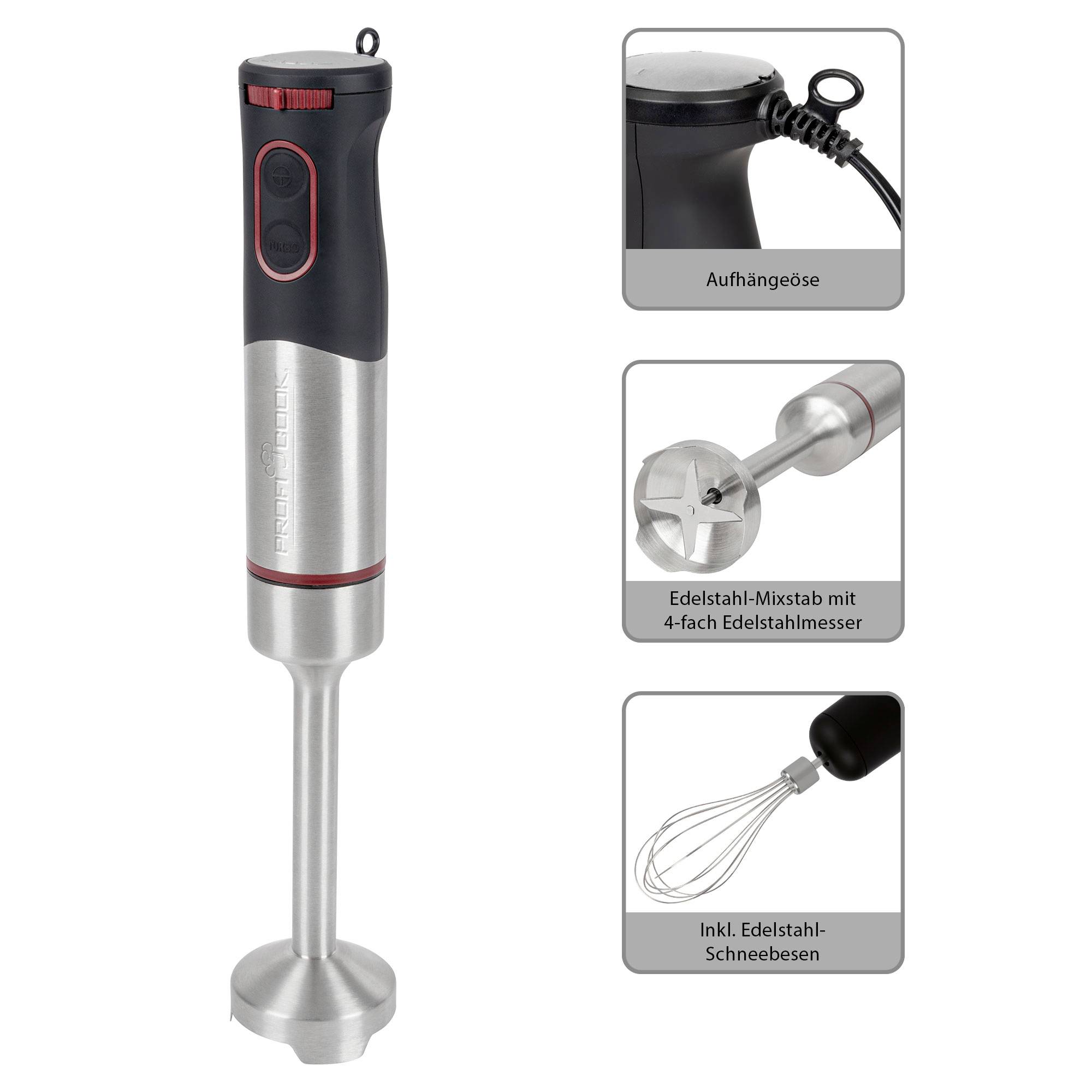 'Silberner Stabmixer mit 4-fach Edelstahlmixmesser und Schneebesenaufsatz, Kabel mit Aufhängöse. Aus Edelstahl.'