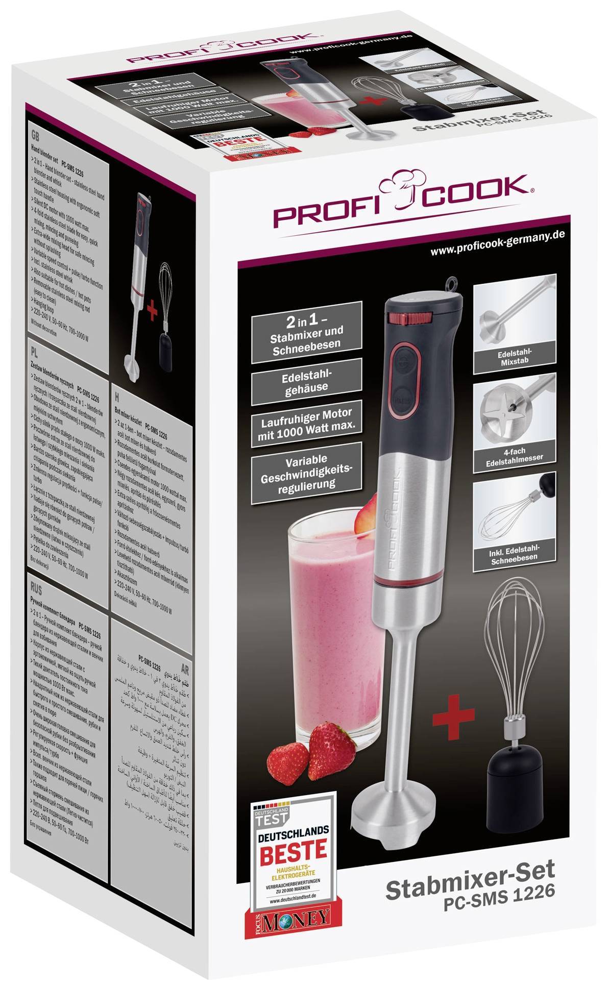 Ein Stabmixer-Set der Marke ProfiCook mit Mixstab und Schneebesen, geeignet für Smoothies und andere Speisen, abgebildet auf der Verpackung.