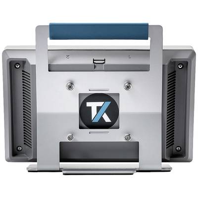 Rückansicht eines robusten elektronischen Geräts mit Metallgehäuse und Tragegriff, Logo 'TK' in der Mitte sichtbar.