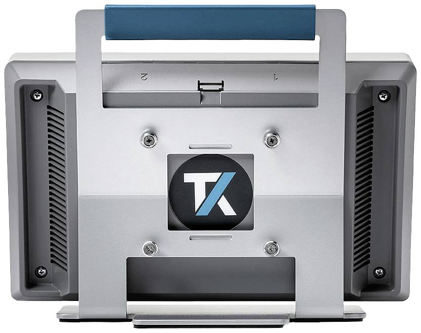 Rückansicht eines technischen Geräts mit Tragegriff. Logo in der Mitte zeigt die Buchstaben 'T' und 'K' auf schwarzem Hintergrund.