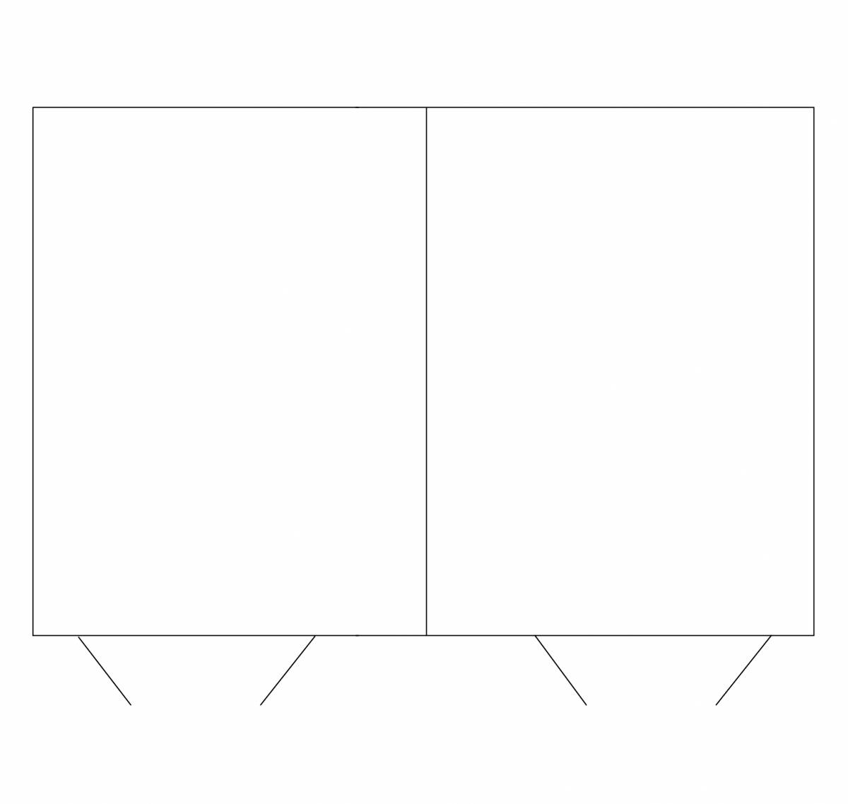 Zwei angrenzende weiße Rechtecke in einem simplen Schrank-Design.