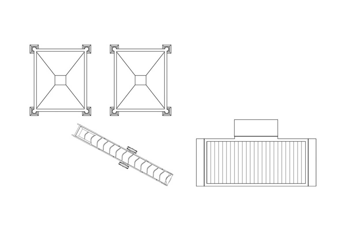 Technische Zeichnung von zwei quadratischen Strukturen, einer gerippten Stange und einer rechteckigen Plattform.