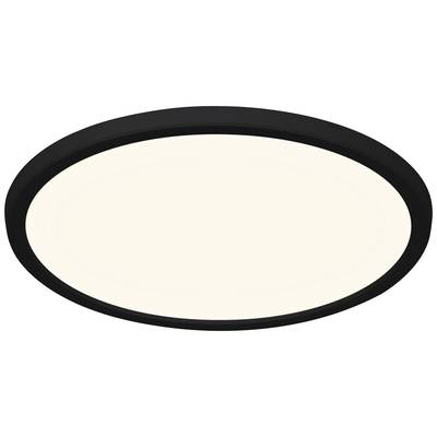 Eine runde, schwarze Deckenleuchte mit weißem Lichtemissionsbereich, geeignet für moderne Innenräume.