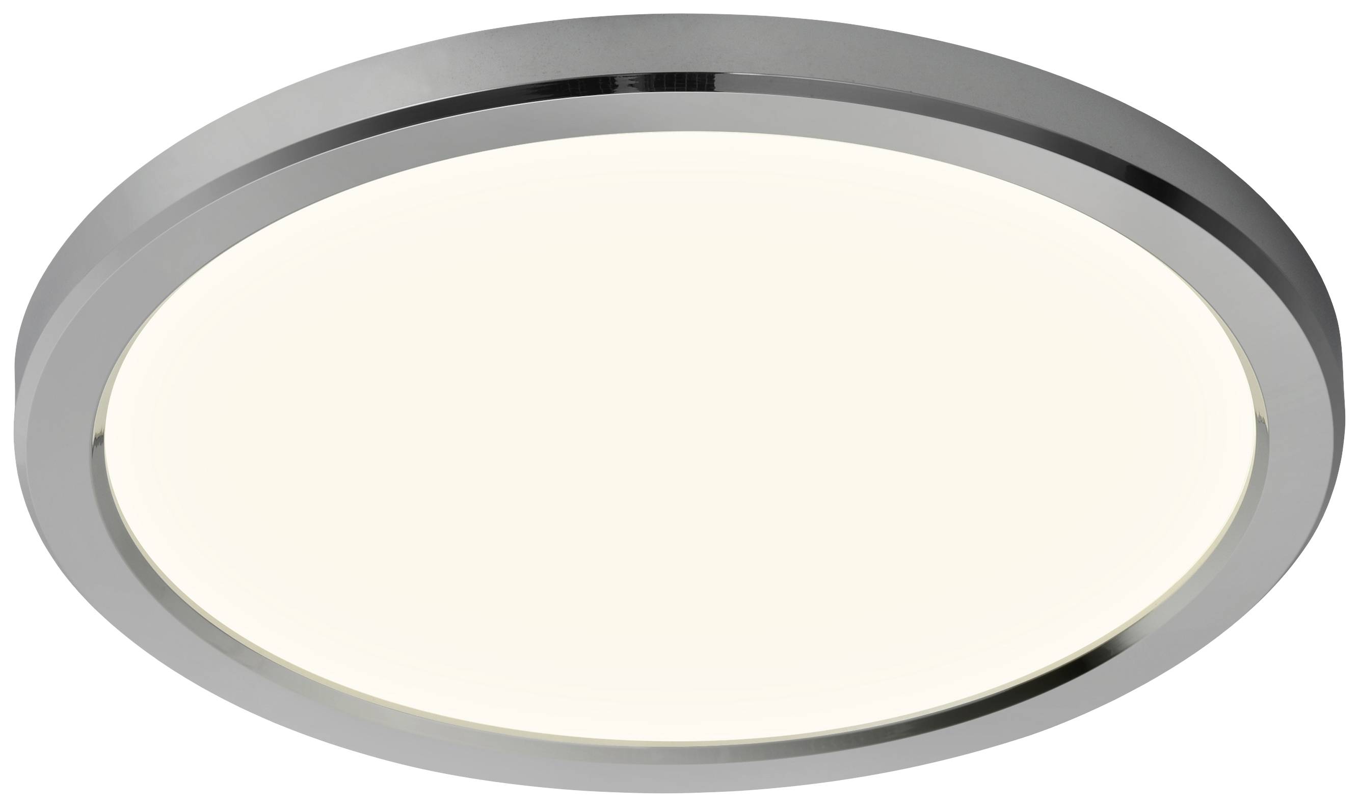 Runde, moderne Deckenleuchte mit silbernem Rand und weißer, diffus leuchtender Oberfläche. Ideal für eine gleichmäßige Raumbeleuchtung.