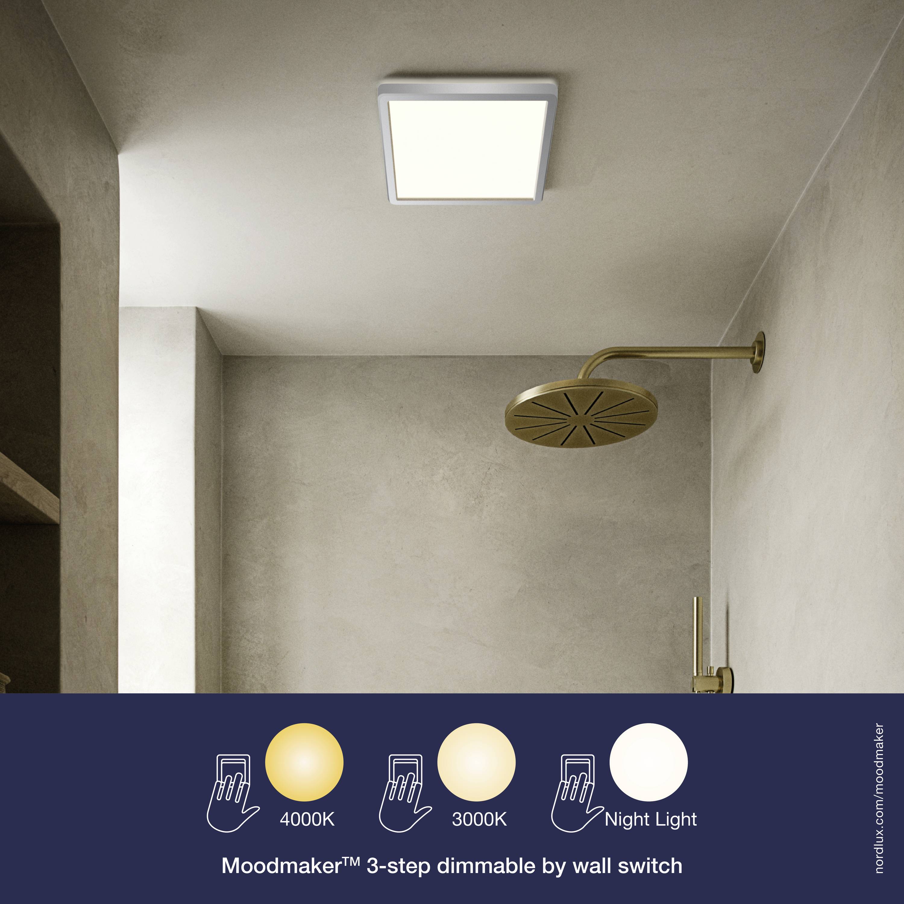 Eine rechteckige Deckenleuchte in einem minimalistischen Raum. Unten sind drei Beleuchtungsoptionen mit verschiedenen Farbtemperaturen angezeigt.