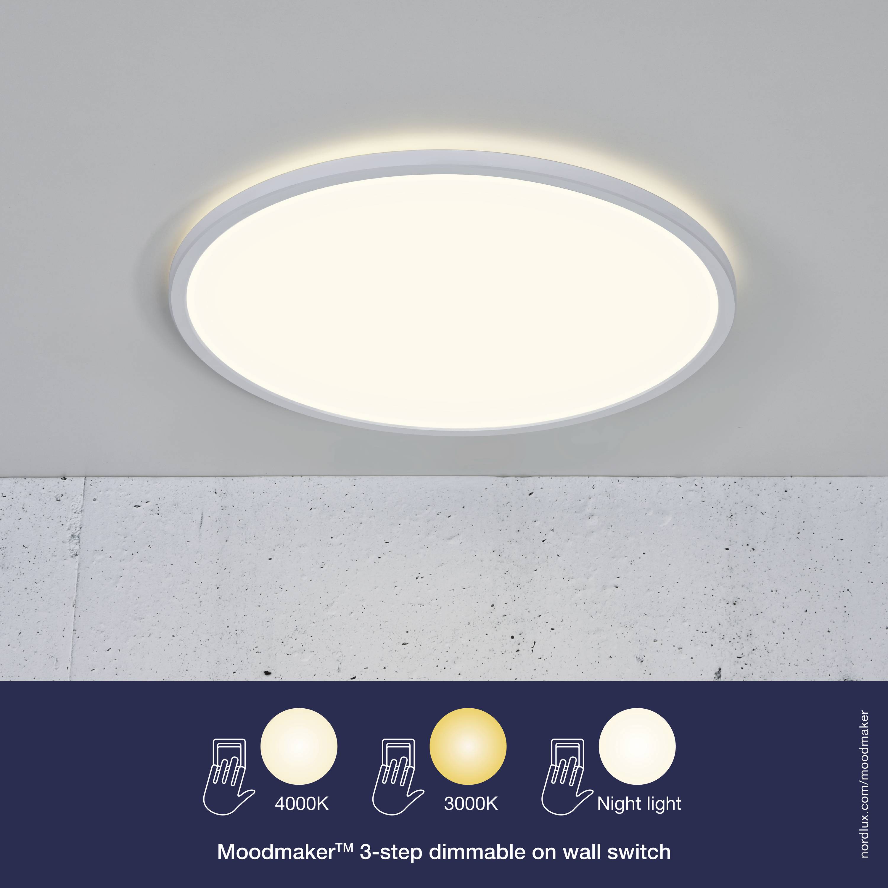 Runde Deckenleuchte mit dimmbarem, warmweißem und neutralweißem Licht. Drei Lichtstufen: 4000K, 3000K und Nachlicht.