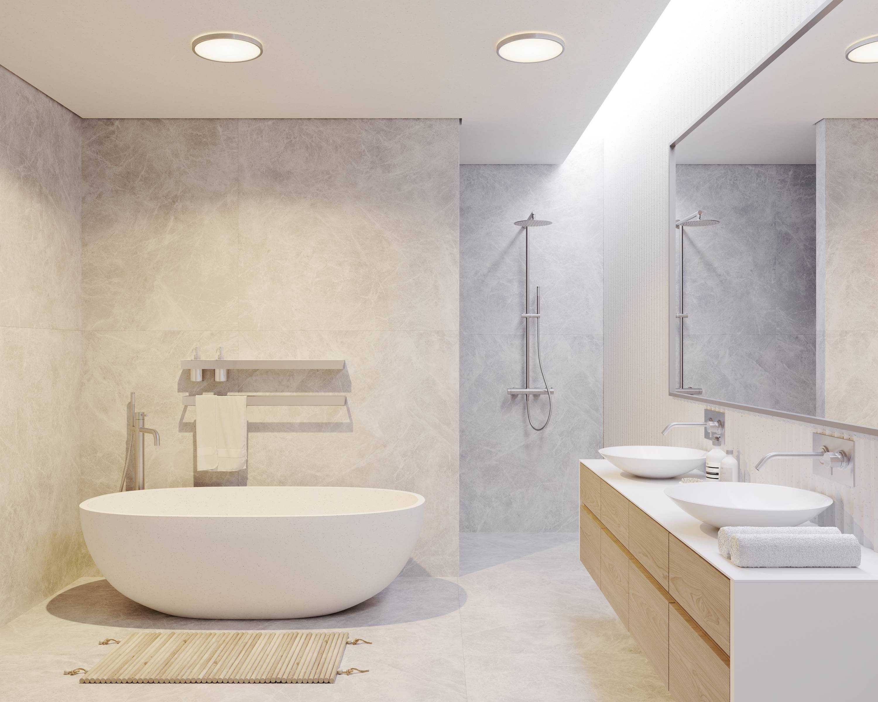 Ein modernes Badezimmer mit freistehender Badewanne, Doppelwaschtisch und großem Spiegel. Minimalistische Einrichtung in neutralen Tönen.