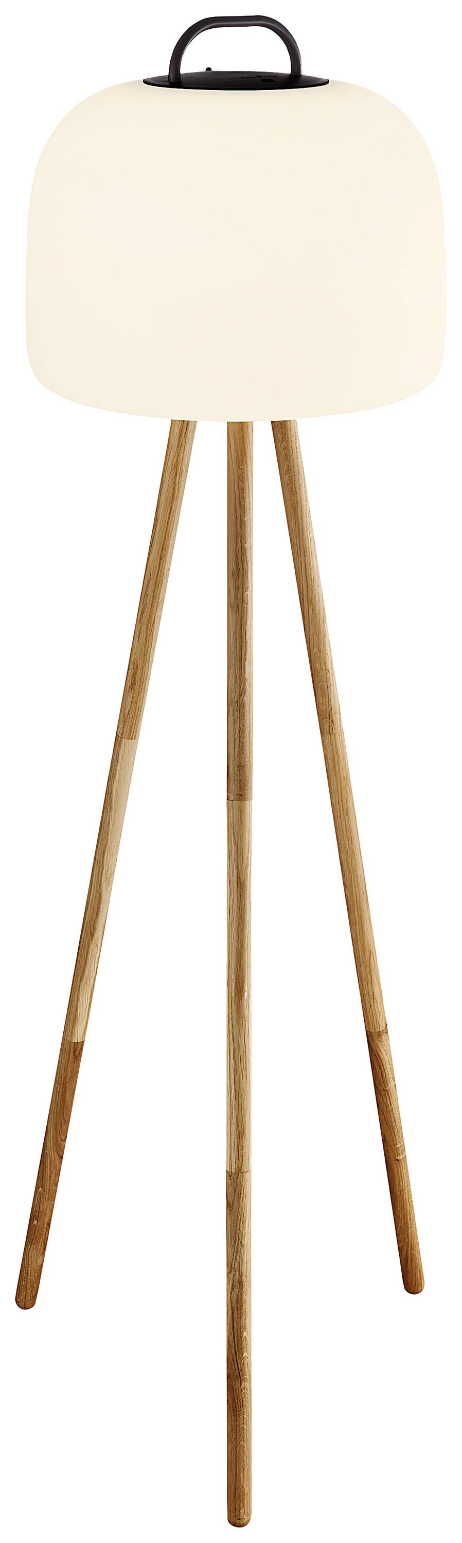 Stehlampe mit dreibeinigem Holzgestell und rundem, weißem Lampenschirm; minimalistisches, modernes Design.