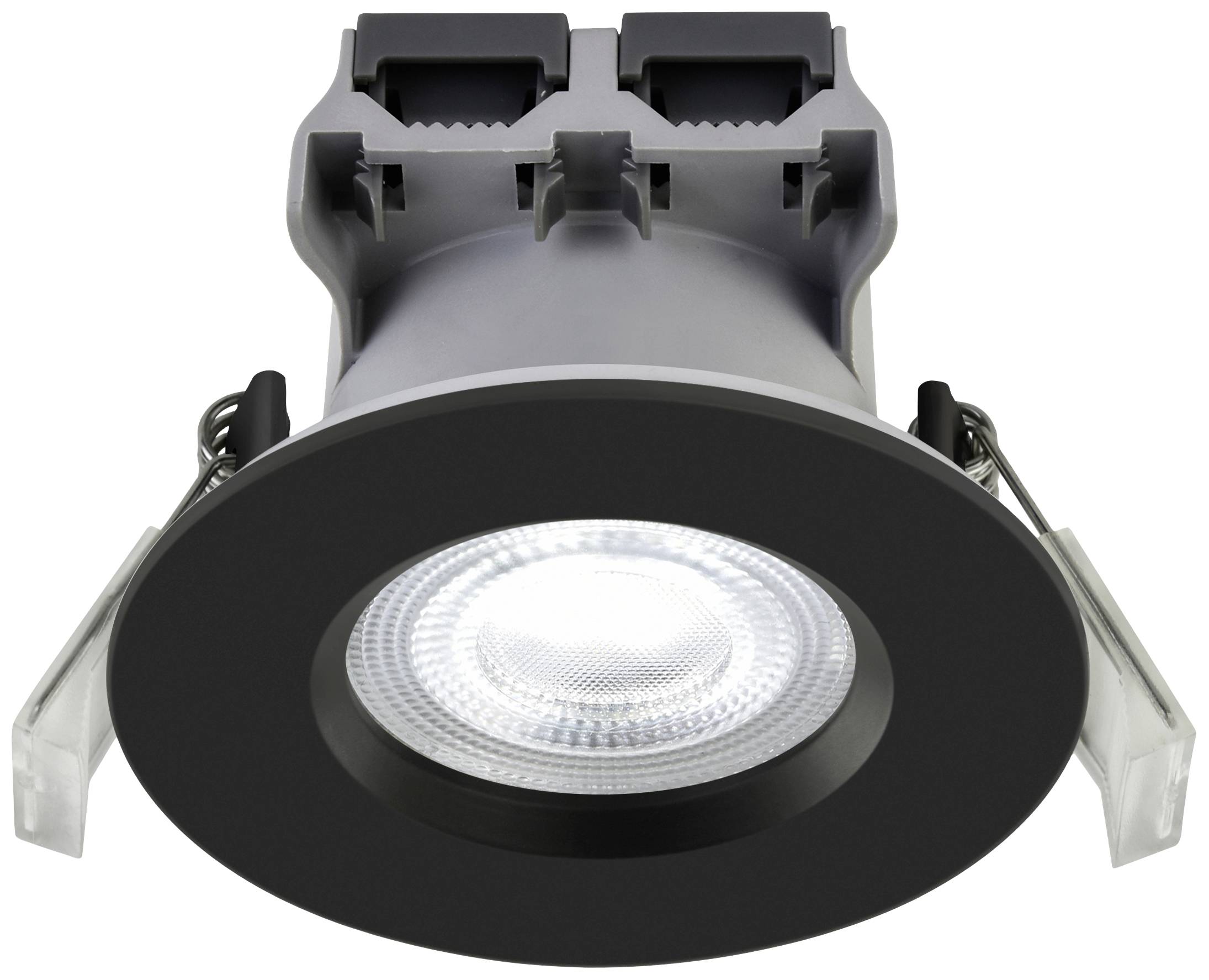 Schwarzer Deckenstrahler mit integriertem LED-Licht, Ansicht von unten. Das Licht ist eingeschaltet und strahlt hell.