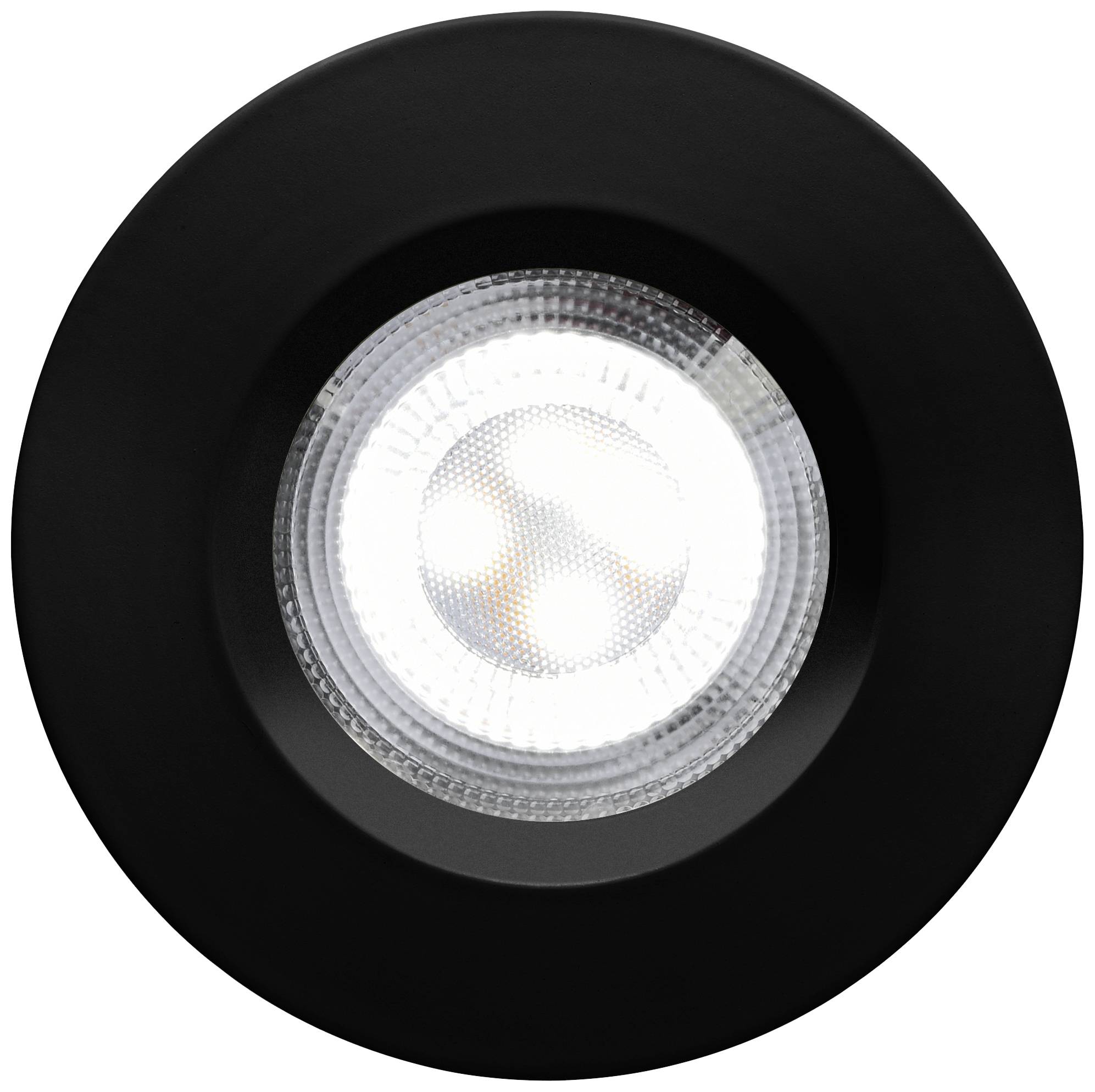 Rundes LED-Licht mit drei leuchtenden Dioden in einem schwarzen Gehäuse, zentral platziert.
