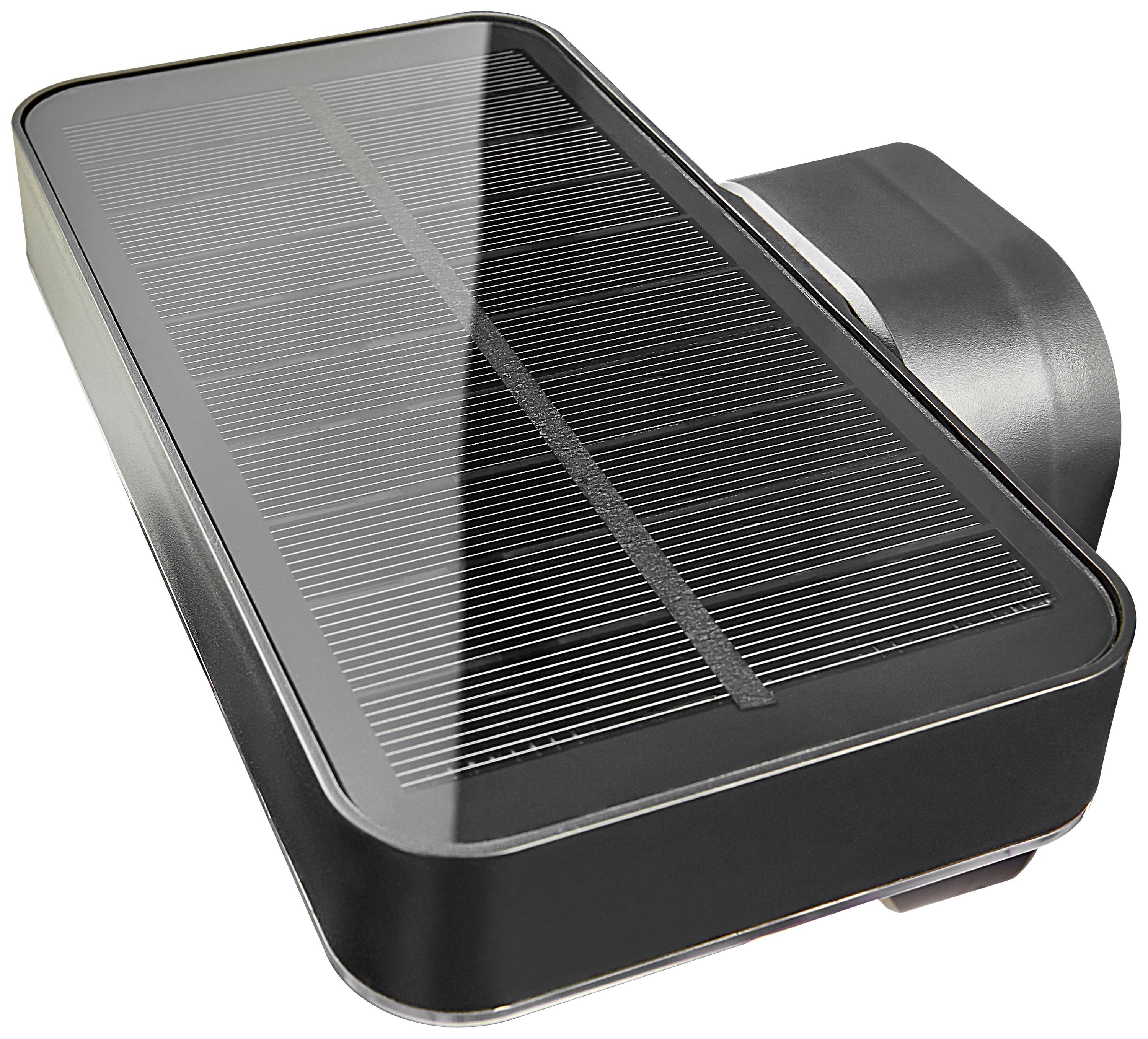 Schwarzes, rechteckiges Solarpanel mit gebogener Rückseite. Verwendet Sonnenenergie, um Strom zu erzeugen.