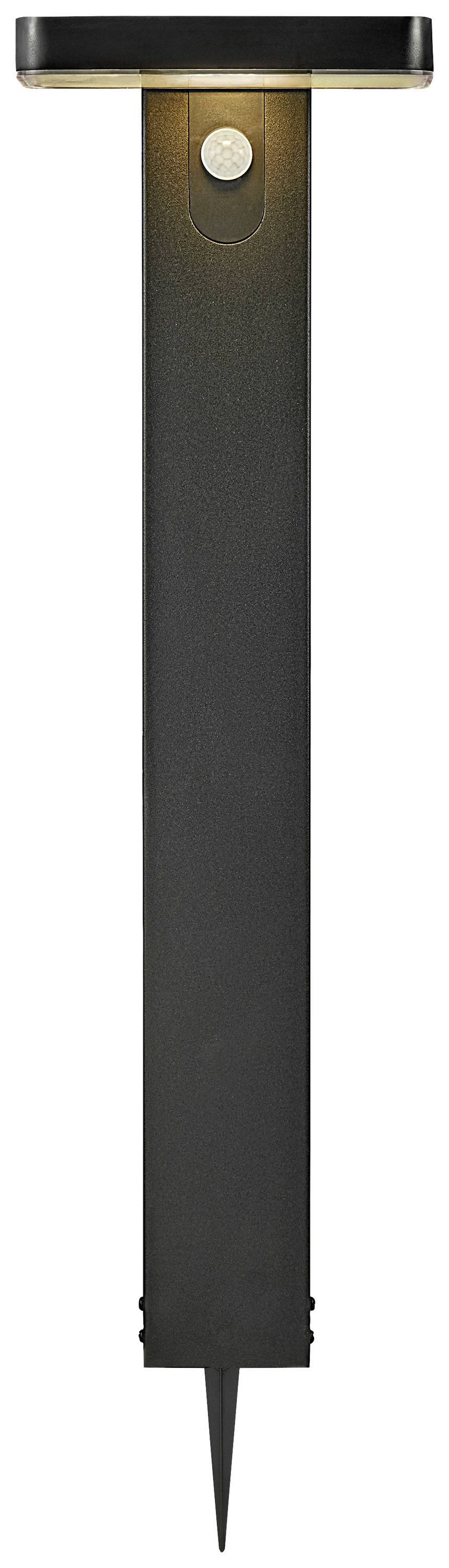 Eine moderne, schwarze Außenleuchte mit Erdspieß. Das Licht strahlt nach unten und beleuchtet den Boden. Ideal für Gartenwege.