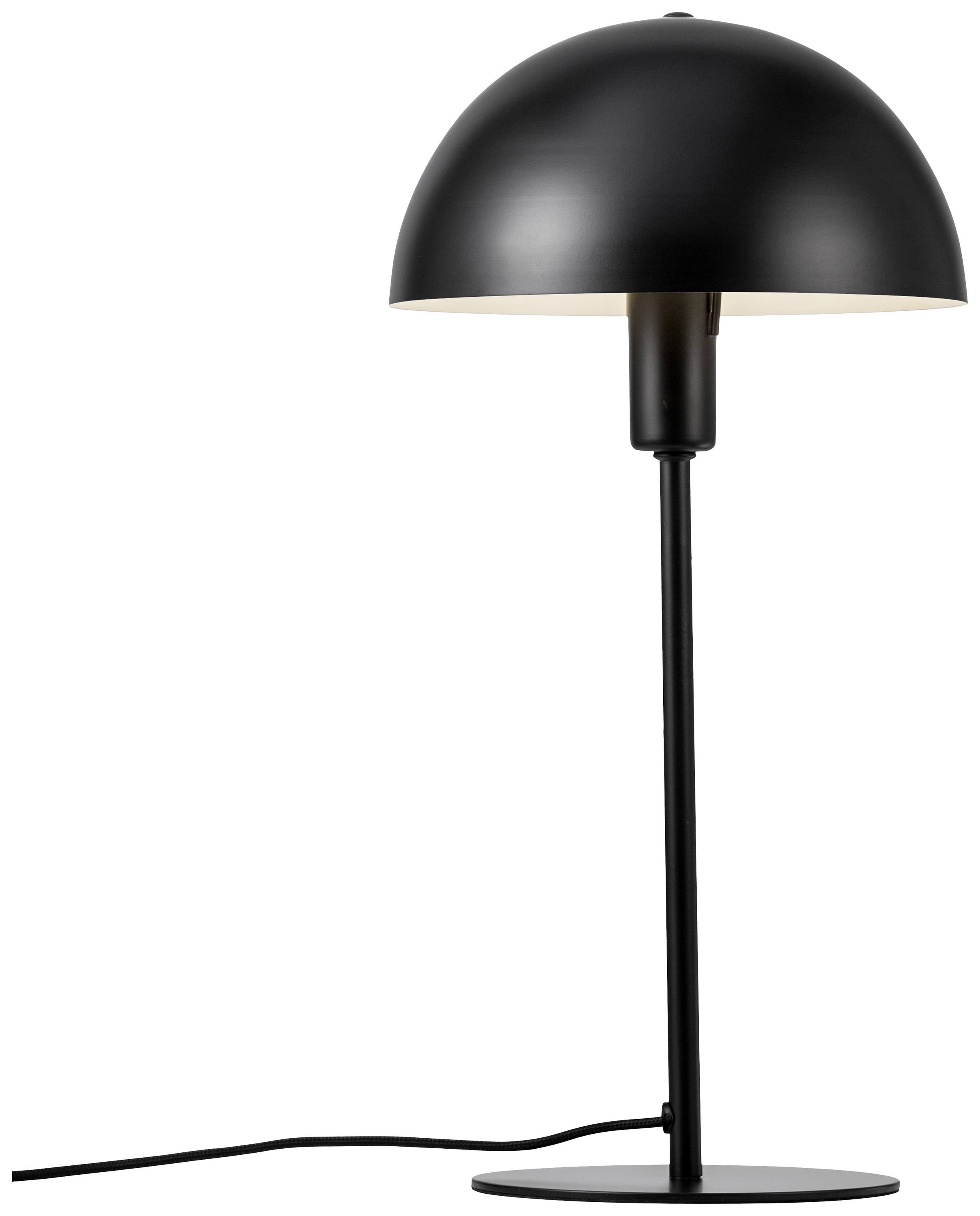 Schwarze Tischlampe mit kugelförmigem Schirm und schlankem Ständer auf runder Basis, mit Stromkabel.