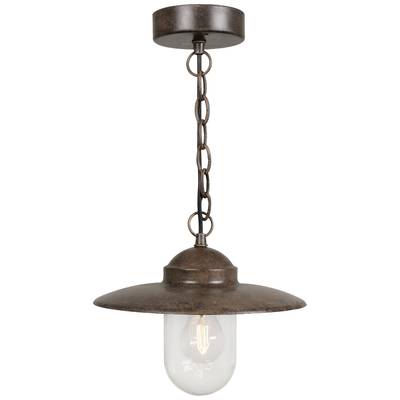 Hängelampe in rustikalem Stil mit metallbraunem Schirm und sichtbarer Glühbirne darunter.
