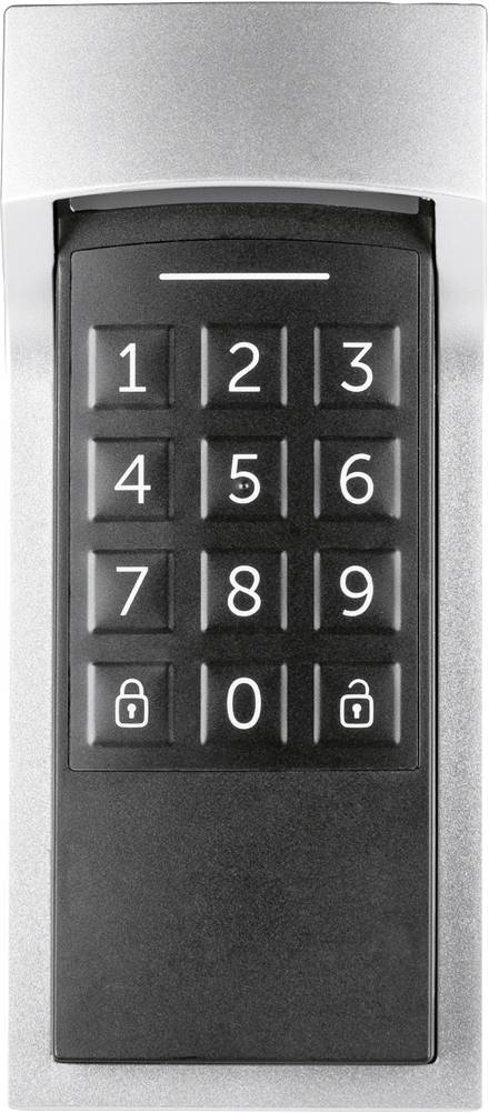 Eine schwarze numerische Tastatur mit den Zahlen 0 bis 9 und zwei Schlosssymbolen auf einem silbernen Hintergrund.