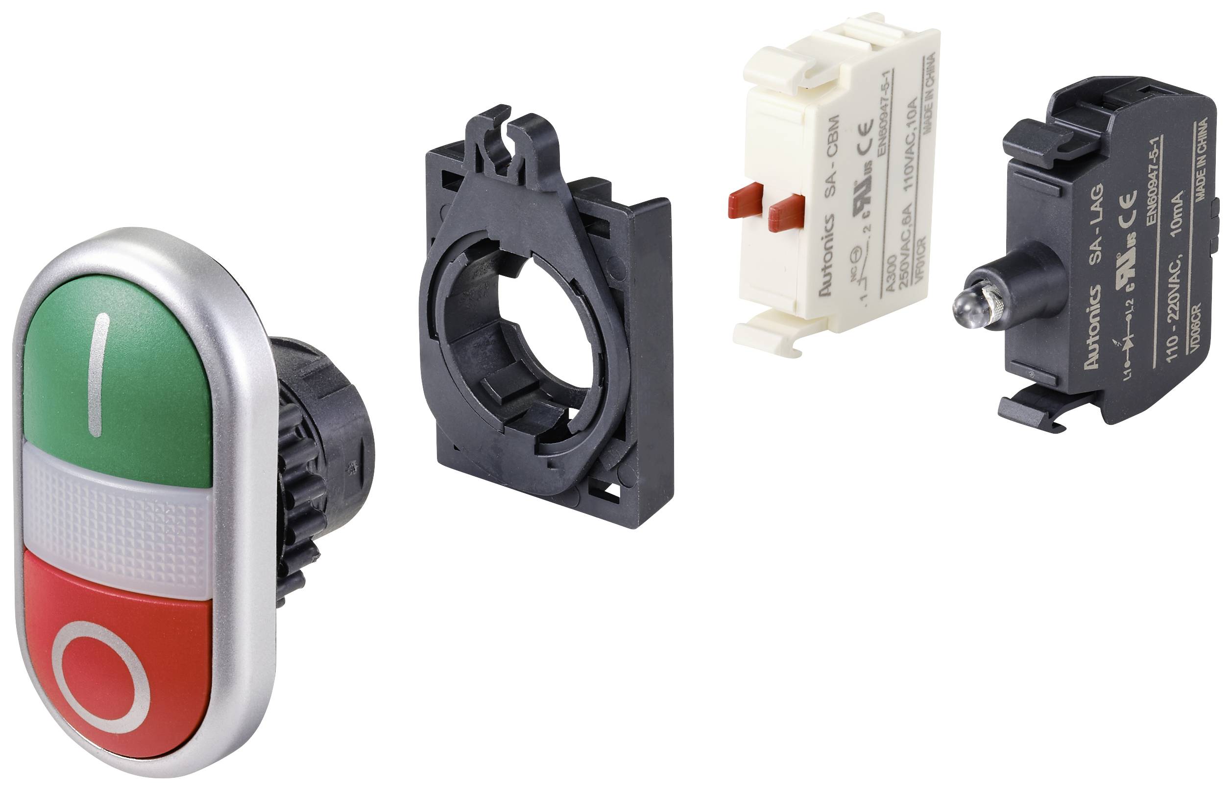 Mehrteiliger Drucktaster. Silbernes Gehäuse, grüne 'I'- und rote 'O'-Taste, befestigt an einer Halterung mit internen Anschlusskomponenten.
