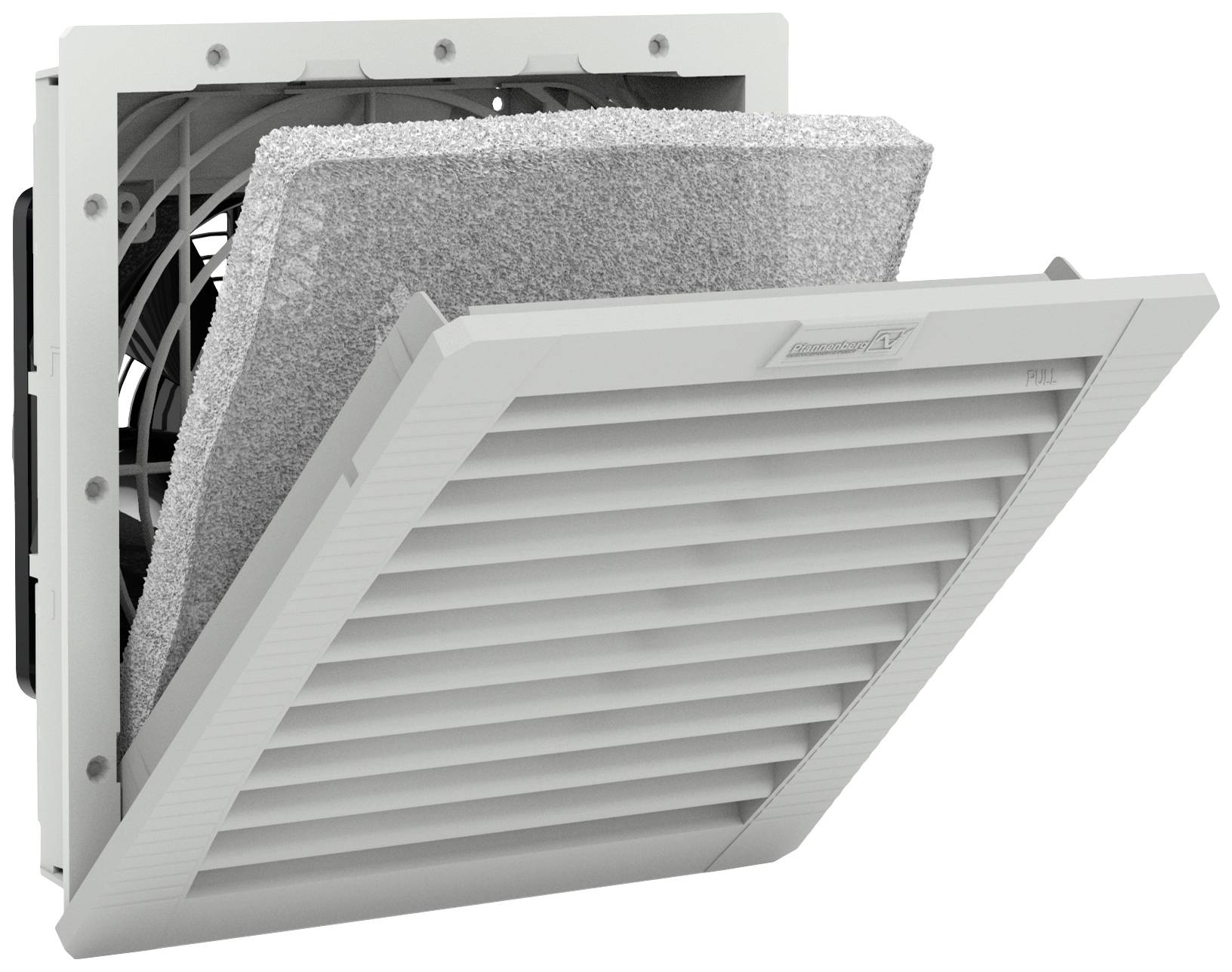Ein rechteckiger Lüfter mit abnehmbarer Schutzabdeckung und integriertem Filter. Geeignet für Belüftungssysteme zur Staubreduzierung.