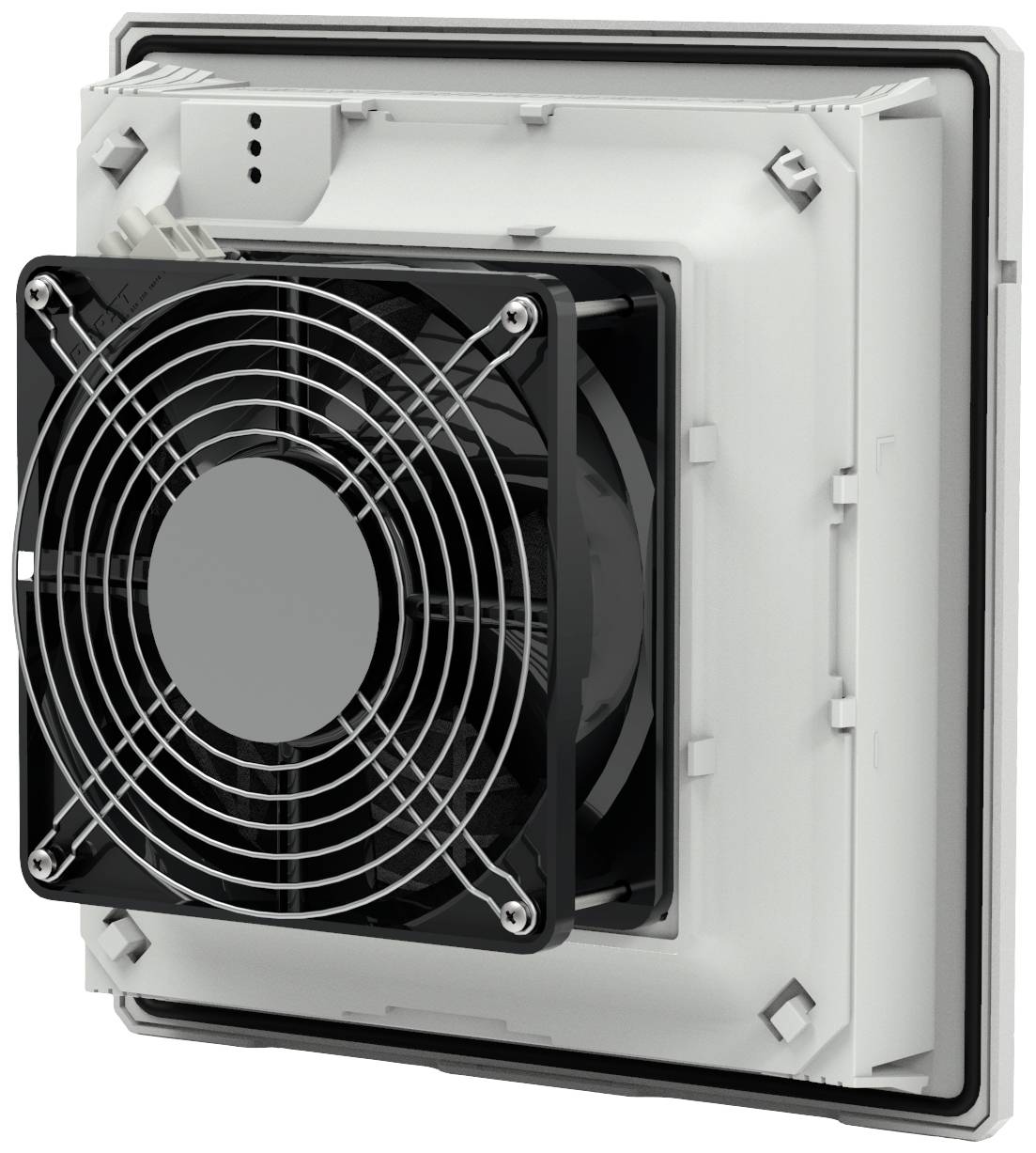 Industrieventilator in rechteckigem Gehäuse mit Schutzgitter. Hochleistungsdesign zur effektiven Luftzirkulation und Kühlung.