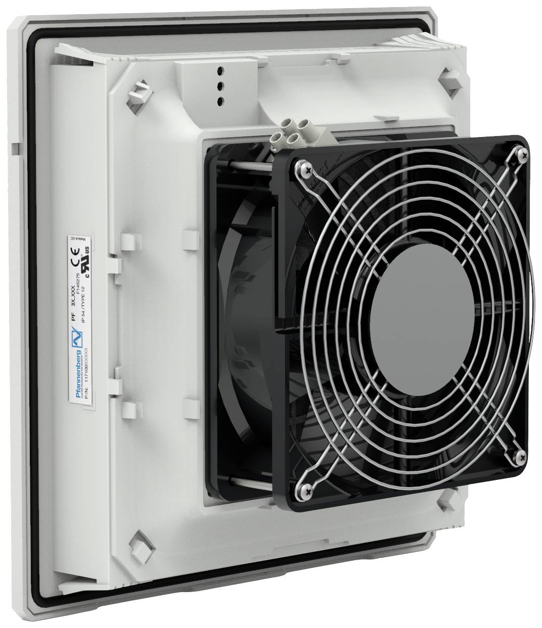 Ein weißer quadratischer Lüfter mit Schutzgitter, montiert an einer Wandplatte, zeigt technische Spezifikationen an der Seite.