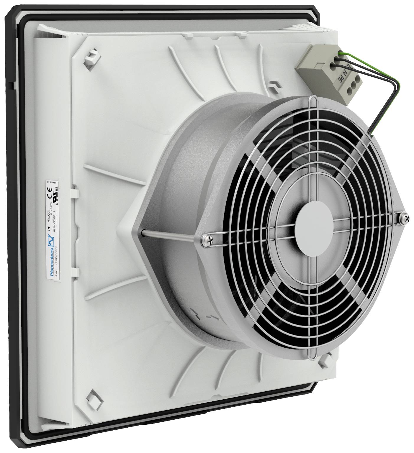Ein quadratischer Ventilator mit Metallgitter und Kunststoffrahmen, montiert auf einer Wandplatte. Dient zur Luftzirkulation.